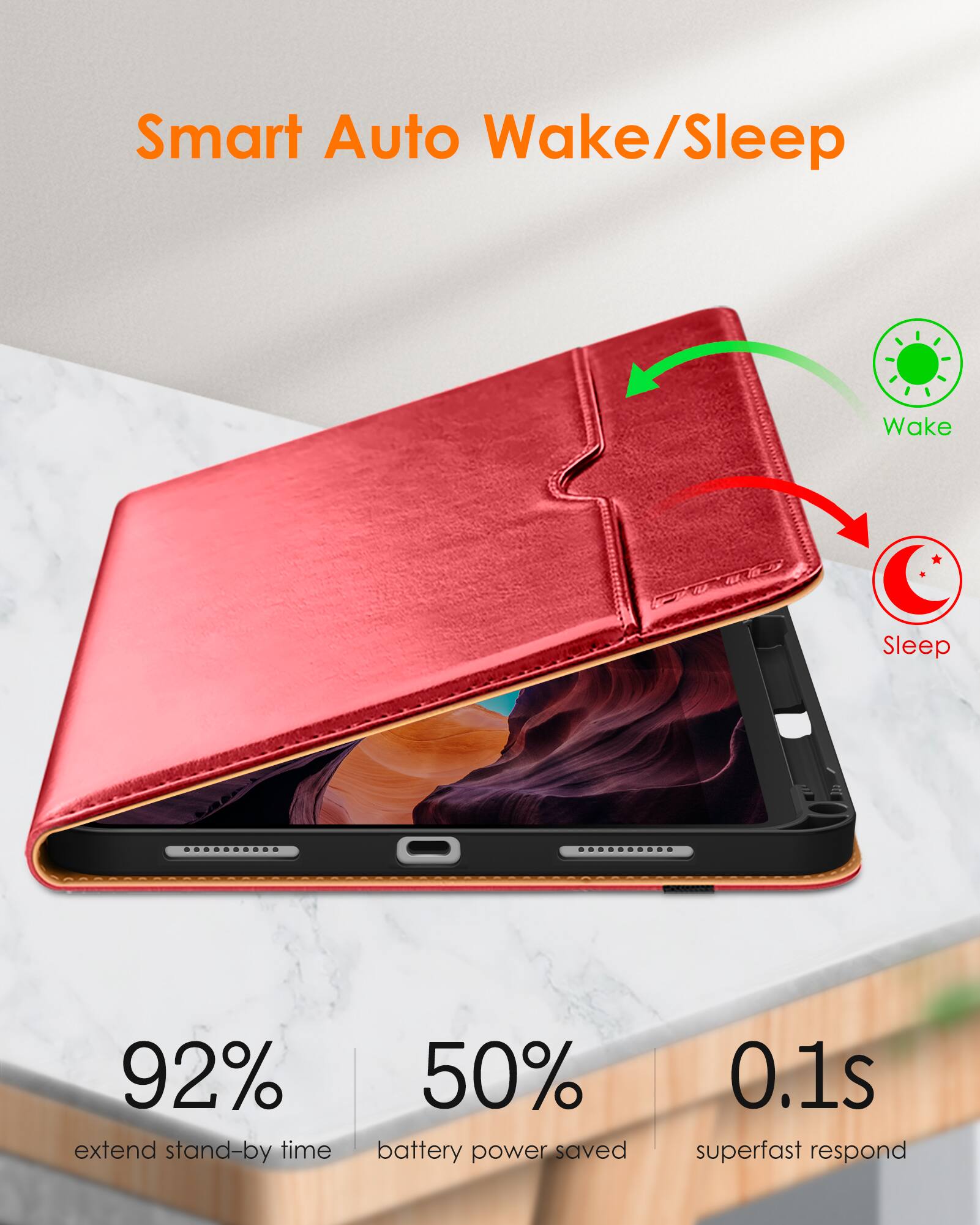 Smart Auto Wake/Sleep

- 92% extend stand-by time
- 50% battery power saved
- 0.1s superfast respond

Wake
Sleep