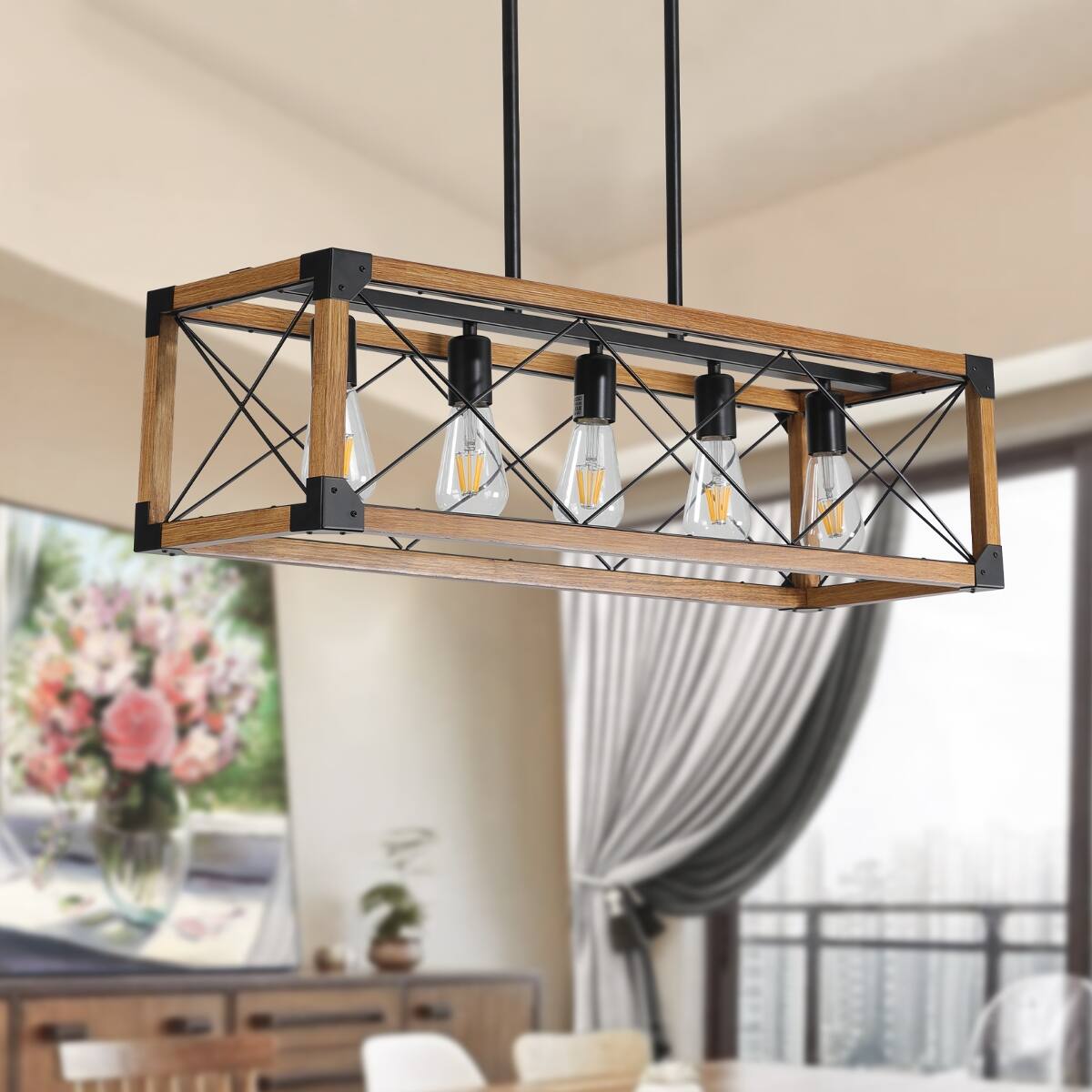 Angle. Loheer - Loheer 5 Light Farmhouse Pendant Chandelier, 32 Inch Walnut Wood Frame for Kitchen Island.