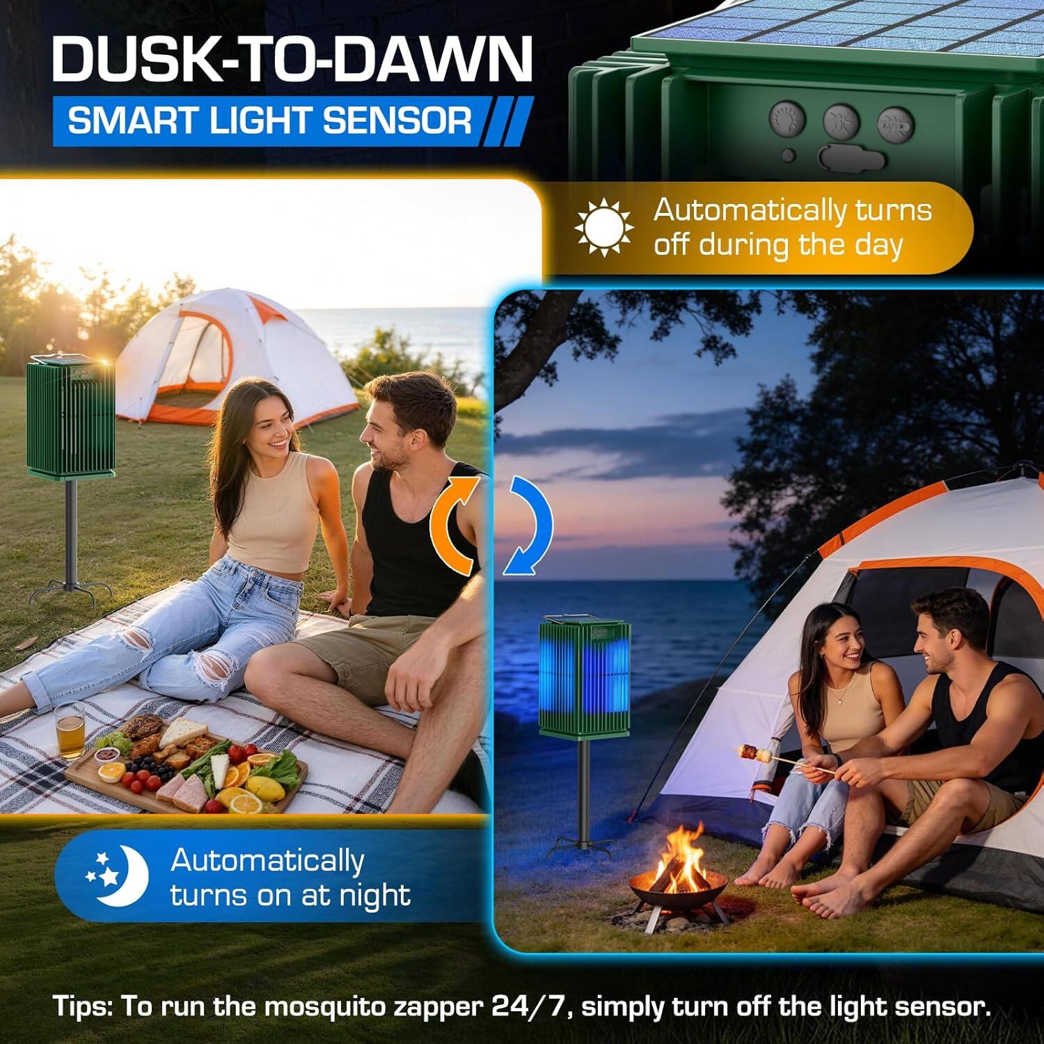DUSK-TO-DAWN SMART LIGHT SENSOR

- Automatically turns off during the day
- Automatically turns on at night

Tips: To run the mosquito zapper 24/7, simply turn off the light sensor.