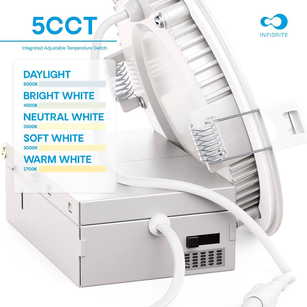 5CCT INFIBRITE Integrated Adjustable Temperature Switch

DAYLIGHT 5000K  
BRIGHT WHITE 4000K  
NEUTRAL WHITE 3500K  
SOFT WHITE 3000K  
WARM WHITE 2700K