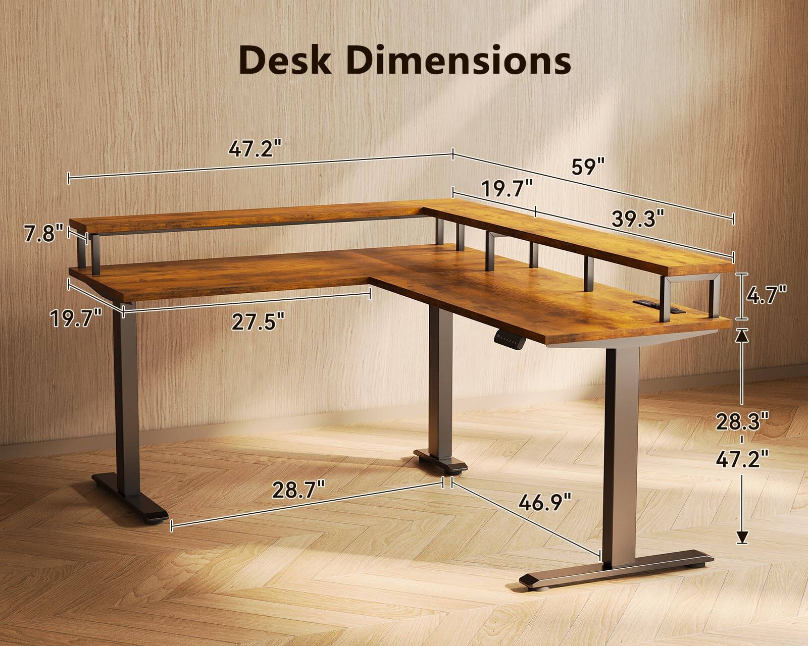 Desk Dimensions:  
- 7.8"  
- 47.2"  
- 19.7"  
- 59"  
- 39.3"  
- 19.7" + 27.5"  
- 4.7"  
- 28.7"  
- 46.9"  
- 28.3"  
- 47.2"