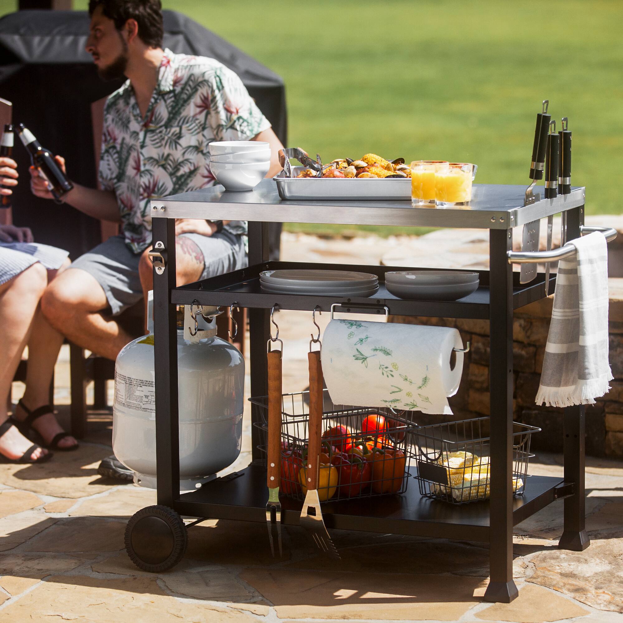 Alt View 5. FEASTO - 3-Shelf Outdoor Grill Cart with Wheels, Pizza Oven Stand, Movable Cooking Station for BBQ, Griddle, and Outdoor Prep - Black.