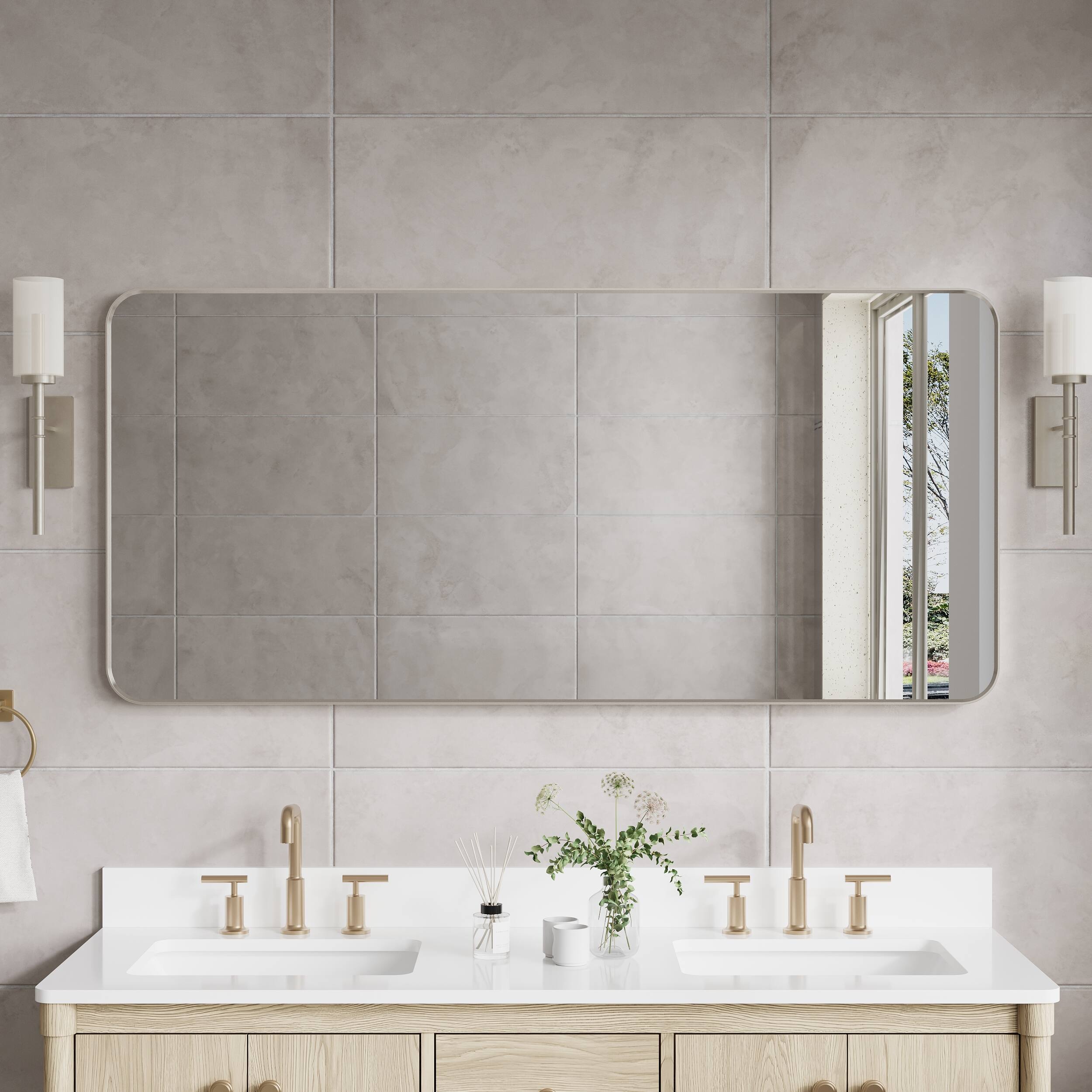 Back. WELLFOR - 60 in. W x 28 in. H Rectangular Aluminum Framed Wall Bathroom Vanity Mirror Large Decorative Mirror - Brushed Nickel.
