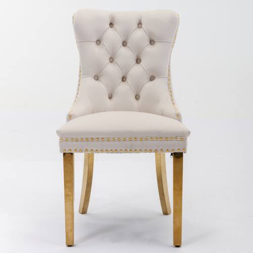 Alt View 2. LUCKY ONE - Assembled Tufted Velvet Dining Chair Set of 2 with Golden Stainless Steel Legs Nailhead Trim - Beige.