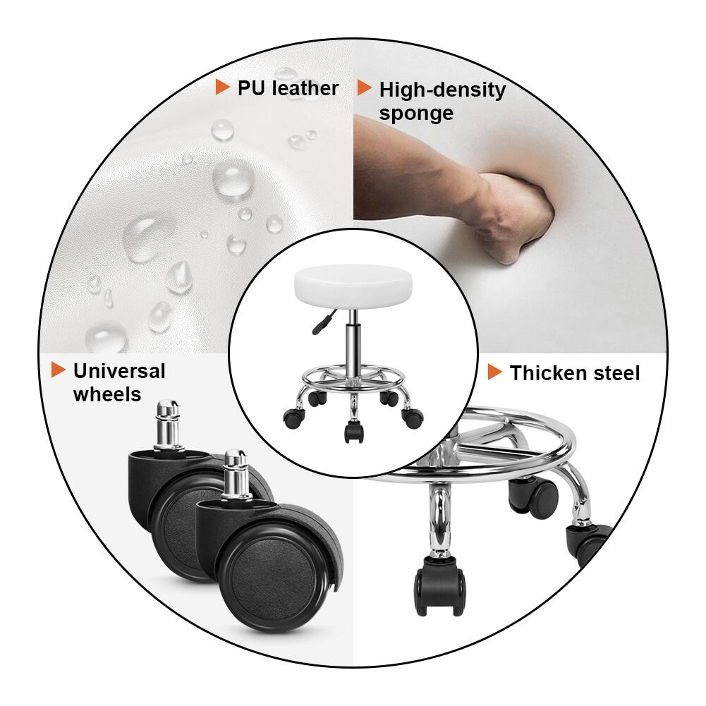 - PU leather
- High-density sponge
- Universal wheels
- Thickened steel