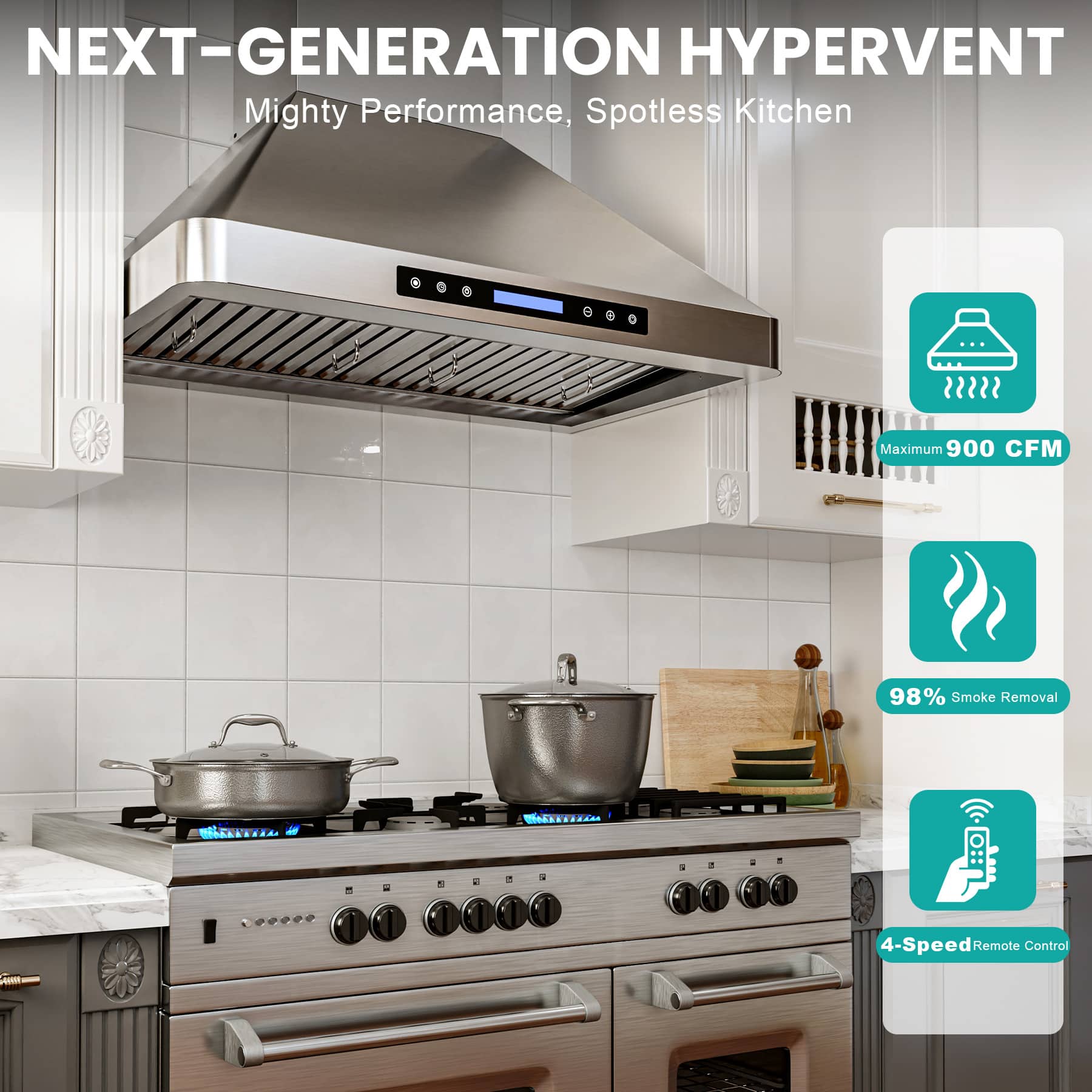 NEXT-GENERATION HYPERVENT
Mighty Performance, Spotless Kitchen
Maximum 900 CFM
98% Smoke Removal
4-Speed Remote Control