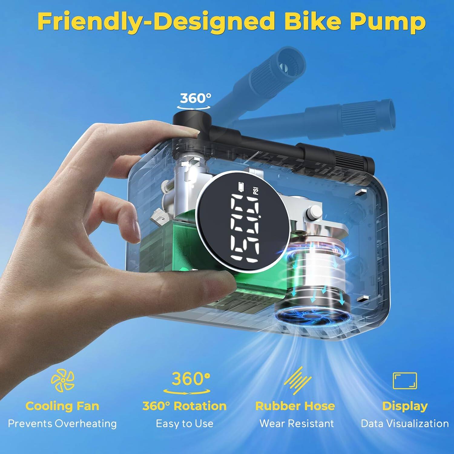 Movcan 150PSI Electric Mini Bike Pump with Gauge, 33s Inflation ...