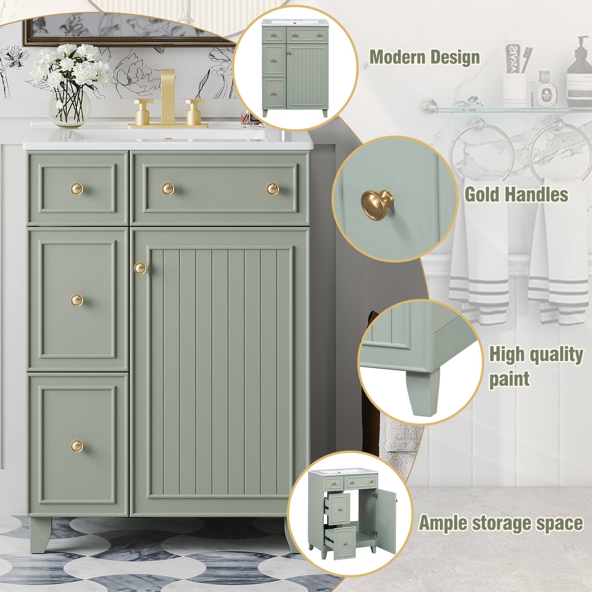 Modern Design  
Gold Handles  
High quality paint  
Ample storage space