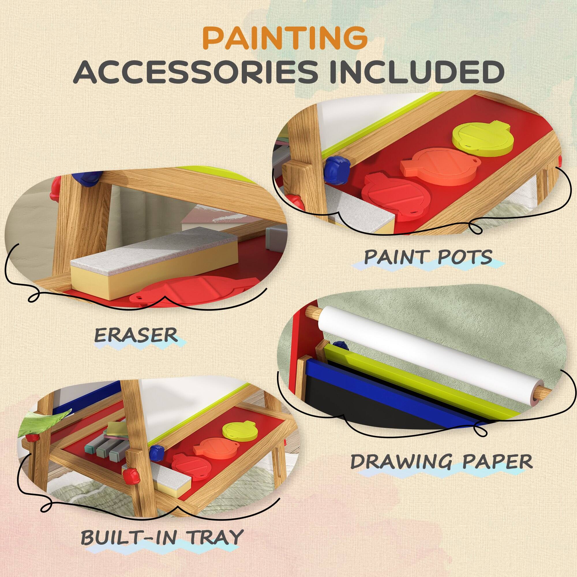 Alt View 2. Qaba - Qaba 3 in 1 Kids Wooden Art Easel with Paper Roll, Whiteboard, Chalkboard, Storage Tray, Painting Accessories.
