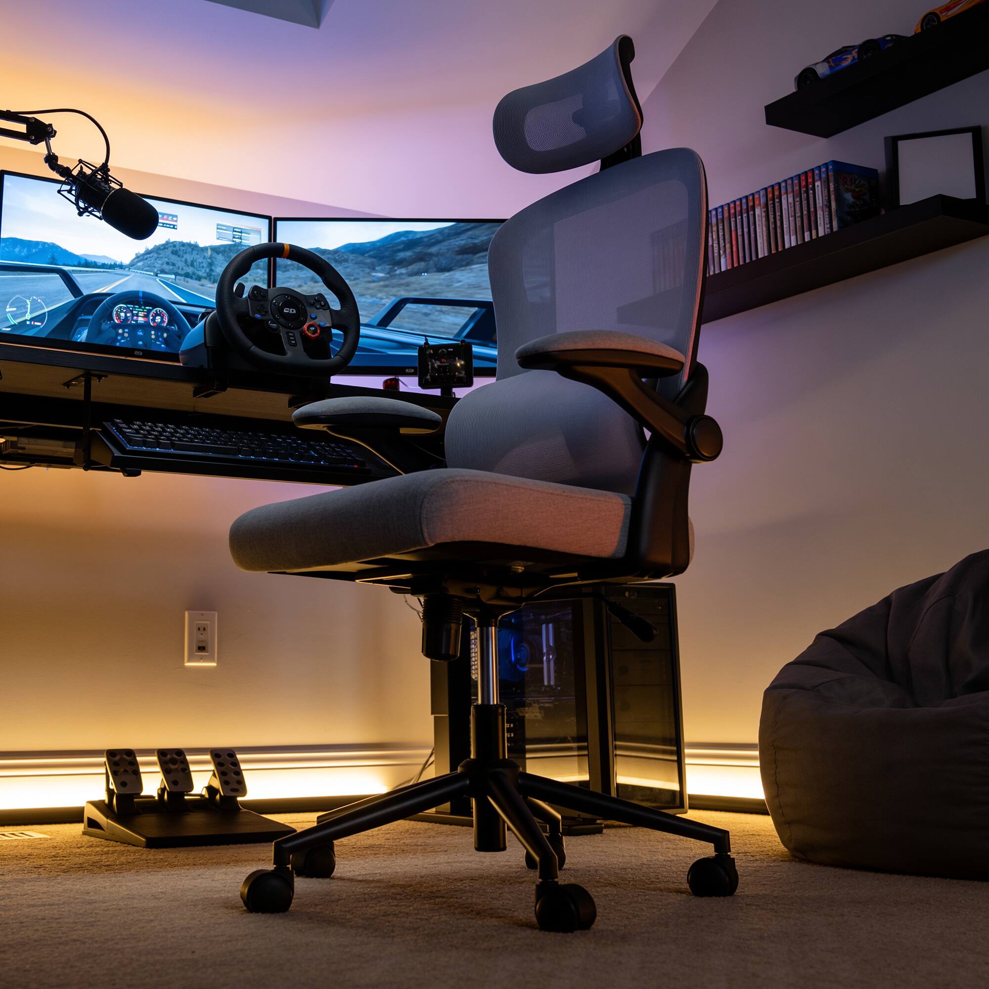 Angle. Click365 - High Back Ergonomic Gaming Chair with Lumbar Support, Adjustable Headrest & Backrest, Computer Chair with Flip-Up Arms - Gray.