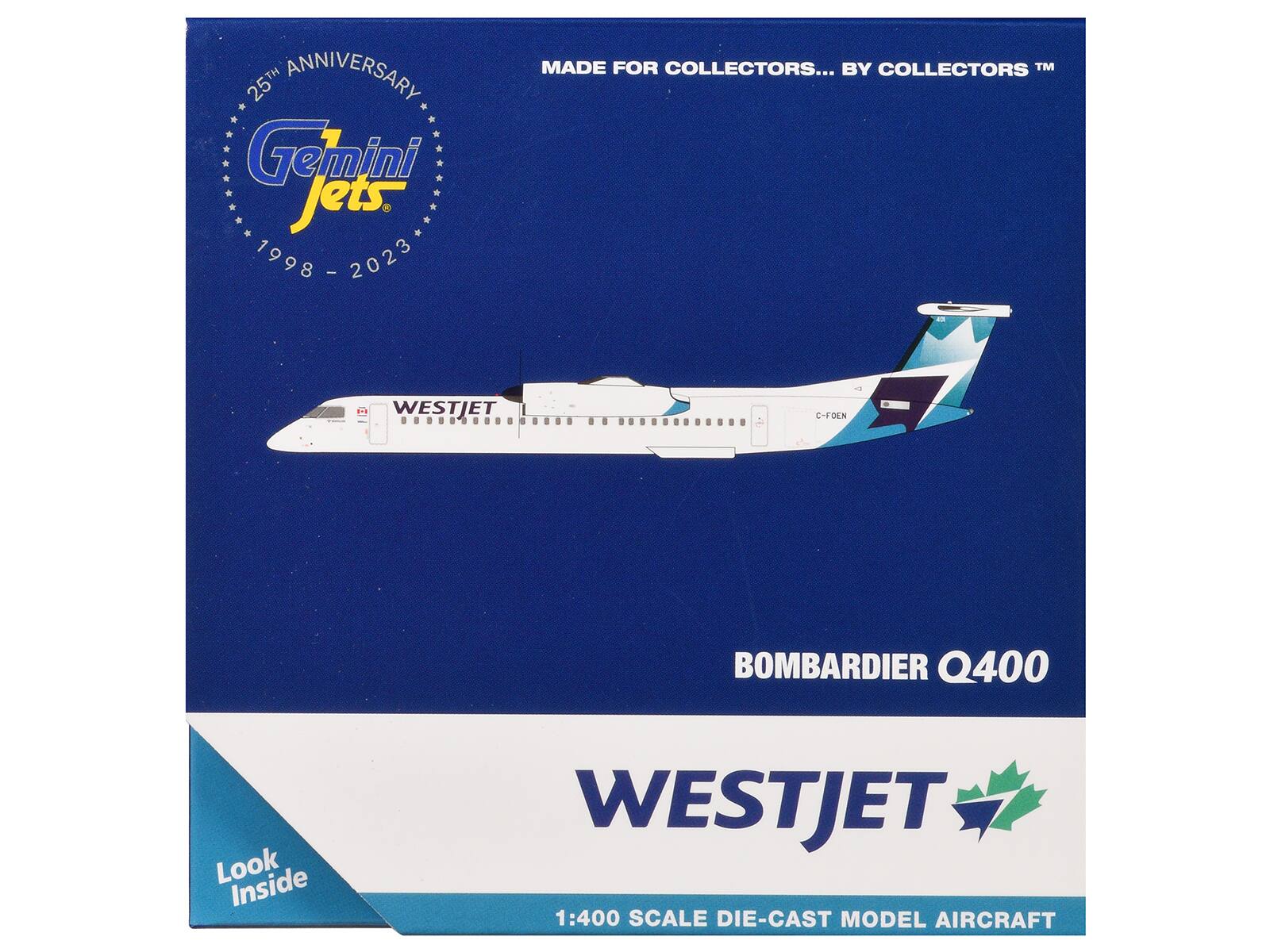 25th Anniversary  
Gemini Jets  
1998 - 2023  

MADE FOR COLLECTORS... BY COLLECTORS™  

BOMBARDIER Q400  

WESTJET  
1:400 SCALE DIE-CAST MODEL AIRCRAFT  

Look Inside