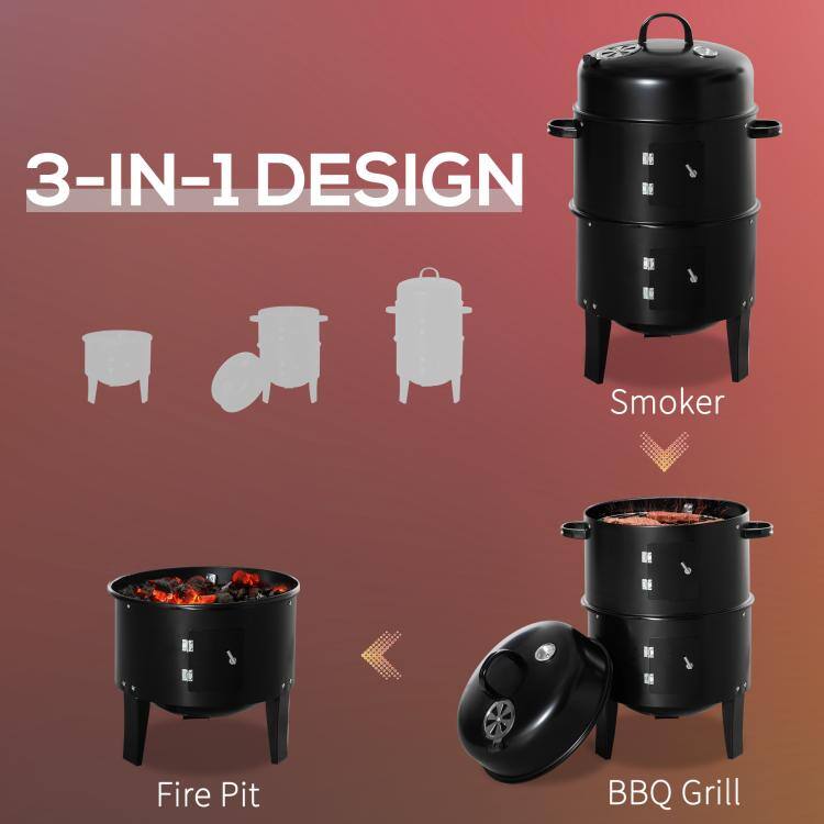 PULUZ 3 in 1 Vertical Charcoal BBQ Smoker Grill with 2 Cooking Areas ...