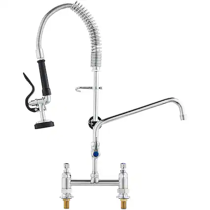 Front. VEVOR - Commercial Faucet with Pre-Rinse Sprayer, 26" Height, 8" Center, 12" Swing Spout, Deck Mount Kitchen Sink Faucet - Silver.