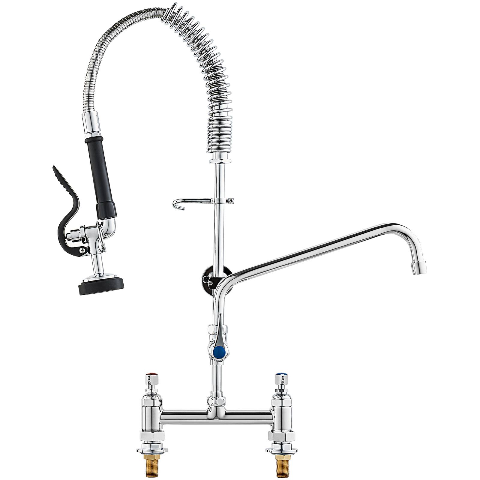 Commercial Faucet with Pre-Rinse Sprayer, 26" Height, 8" Center, 12" Swing Spout, Deck Mount Kitchen Sink Faucet