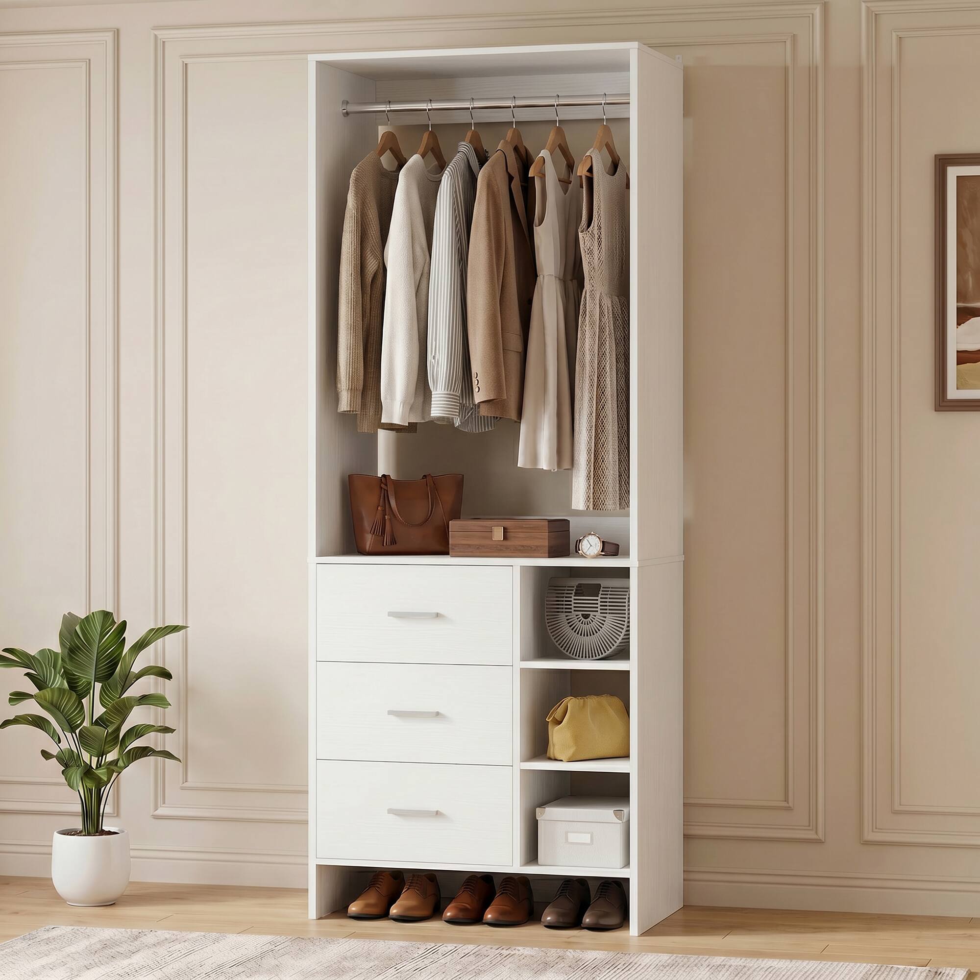 Aheaplus - 2.5FT Closet System with 3 Drawers, 29.6'' Closet Organizer with Hanging Rod and Shelves - White