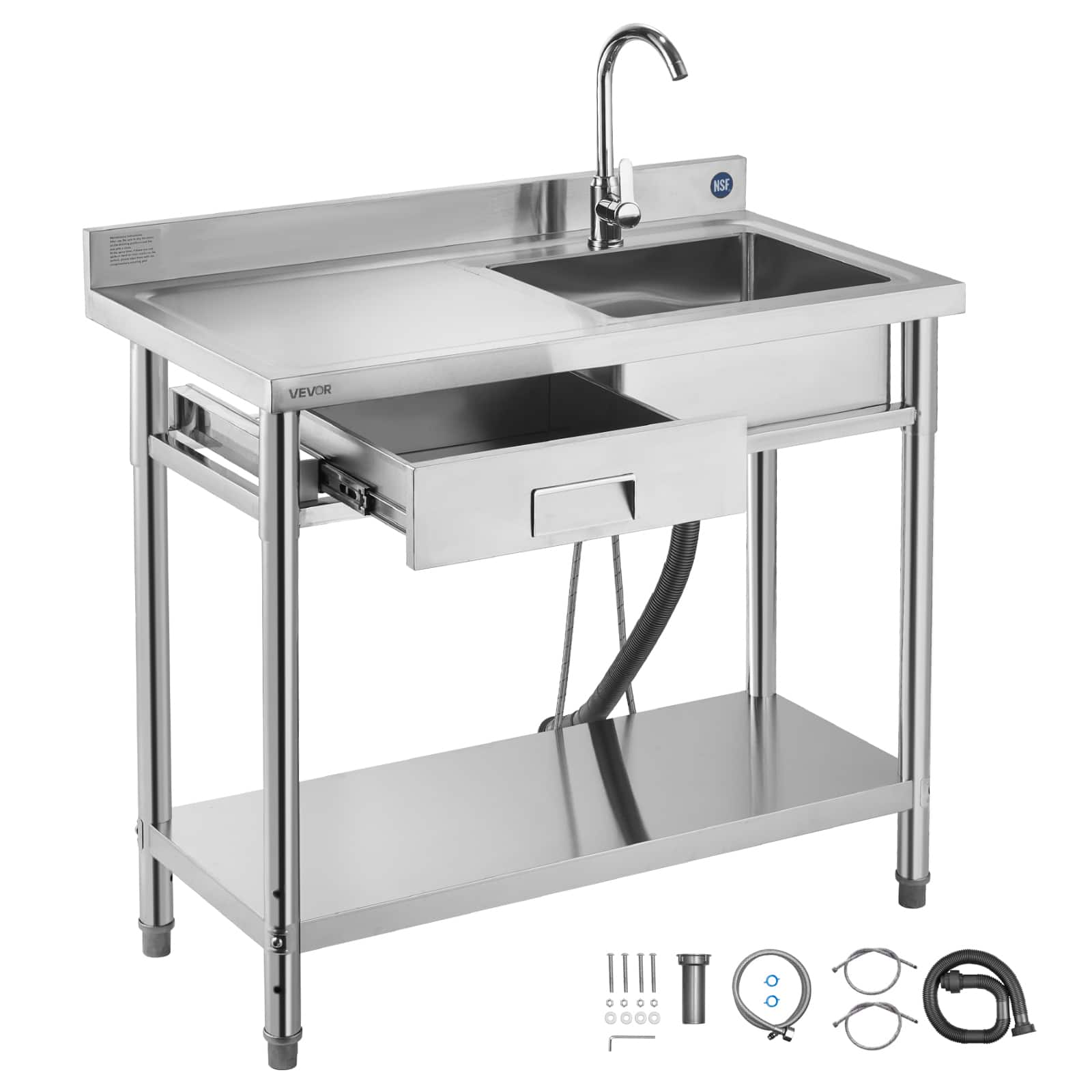 VEVOR - Stainless Steel Utility Sink, Free Standing Single Bowl Commercial Kitchen Sink with Drawer, Faucet and Hot & Cold Water - Stainless steel color