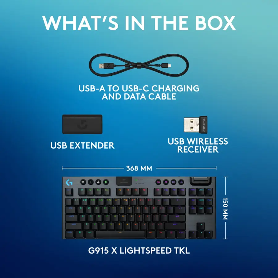 What's in the box:

* USB-A to USB-C charging and data cable
* XTKL SL60 USB extender
* USB wireless receiver
* 368mm - 112mm - 2mm

The image features a keyboard with a USB-C charging and data cable, an XTKL SL60 USB extender, and a USB wireless receiver. The keyboard is described as a G915 X Lightspeed TKL.