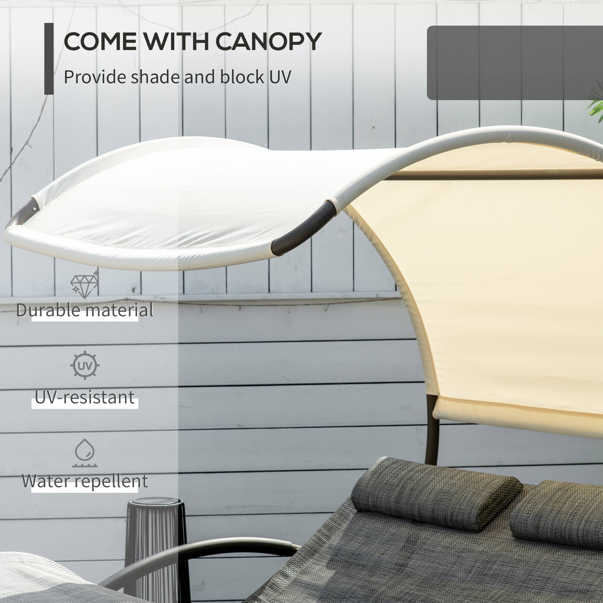 COME WITH CANOPY  
Provide shade and block UV  

- Durable material  
- UV-resistant  
- Water repellent