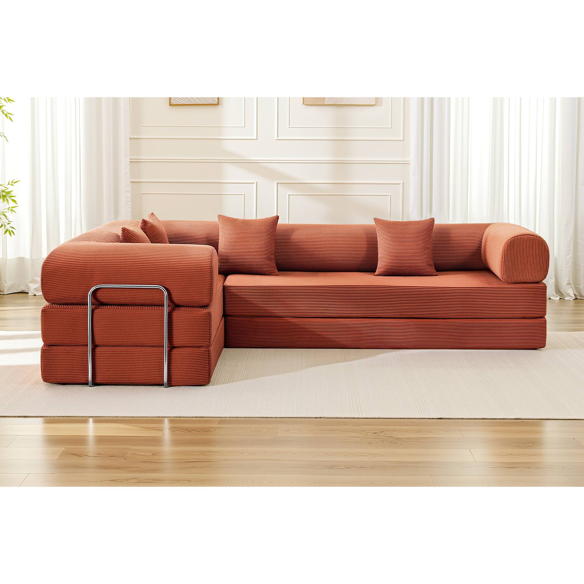 Alt View 8. KERDOM - Upholstered L Shaped Modular Sofa Bed with Chaise, Corduroy Folding Floor Convertible Sofa Couch Bed for Living Room - Pumkin Brown.