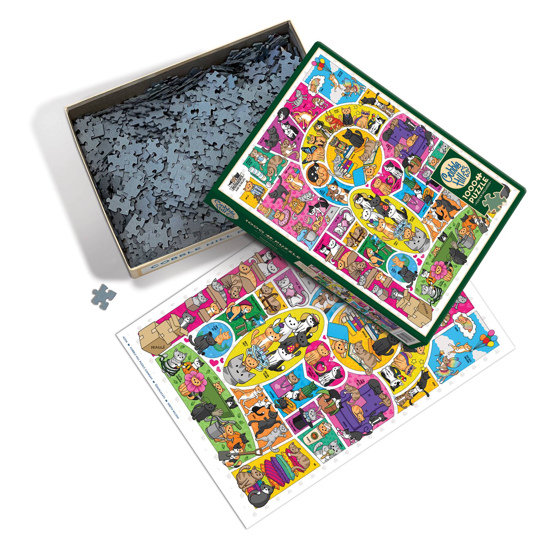 A puzzle with a box of puzzle pieces.