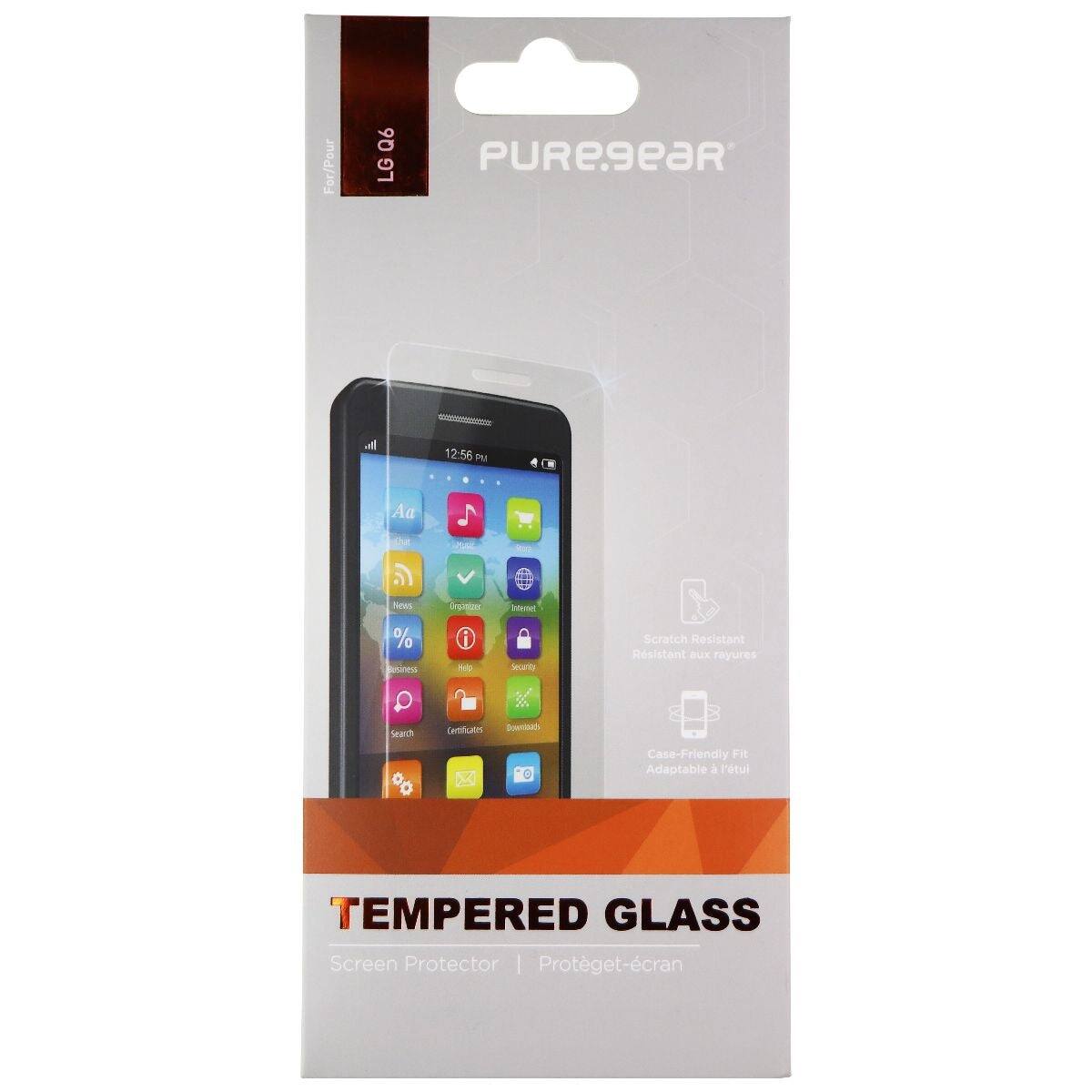 For/Pour Q6 LG PUREgear 12:56 PM Aa ews % aines Cngnn i -p Intentes Serty Scratch Resistant Rsistant aux rayures Searth % Cetificatn Bowntoats Case-Friendly Fit Adaptable a Ptul TEMPERED GLASS Screen Protector | Protget-cran