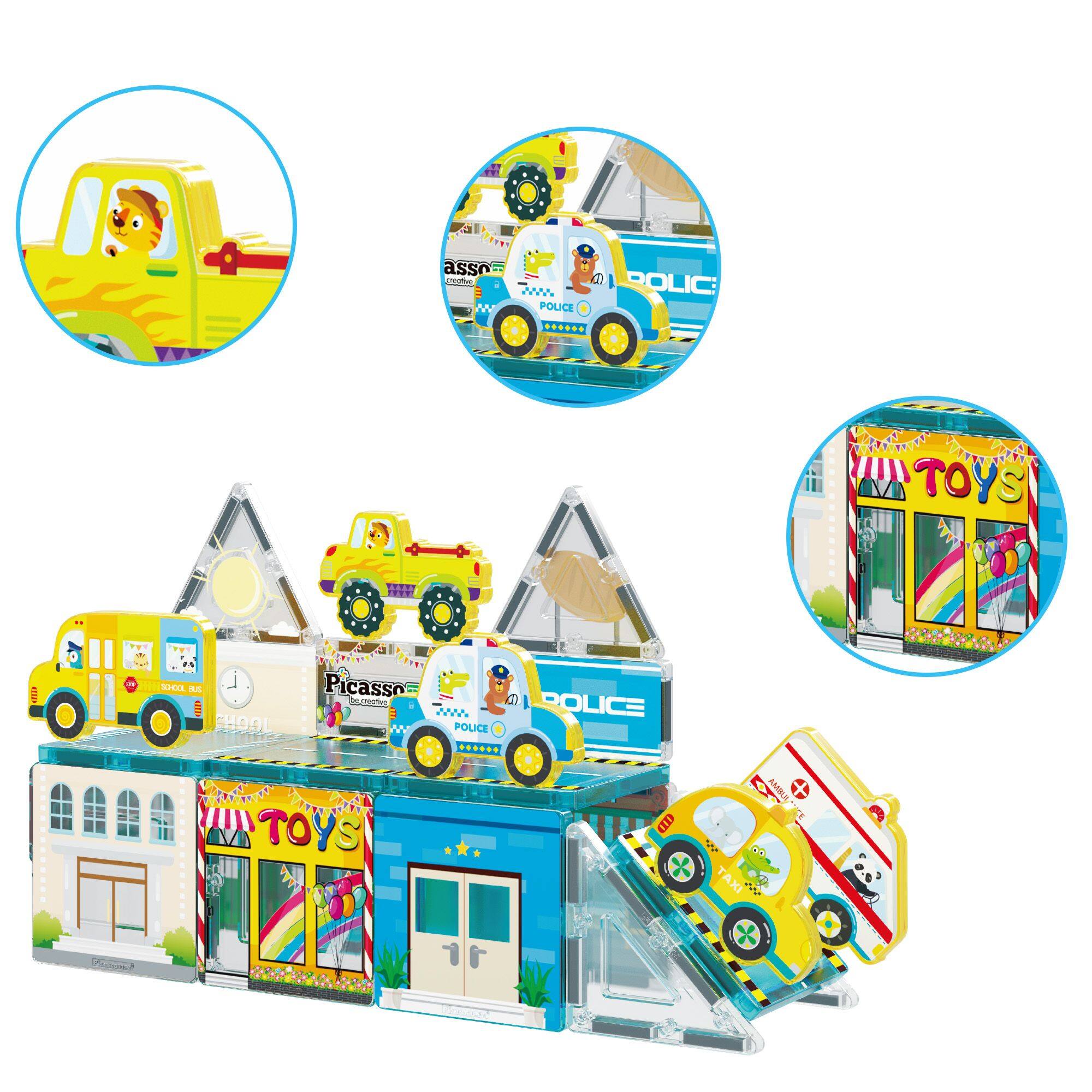 The text on the image is: 

- POLICE
- TOYS
- SCHOOL
- AMBULANCE
- TAXI

These words are written on the toy vehicles.