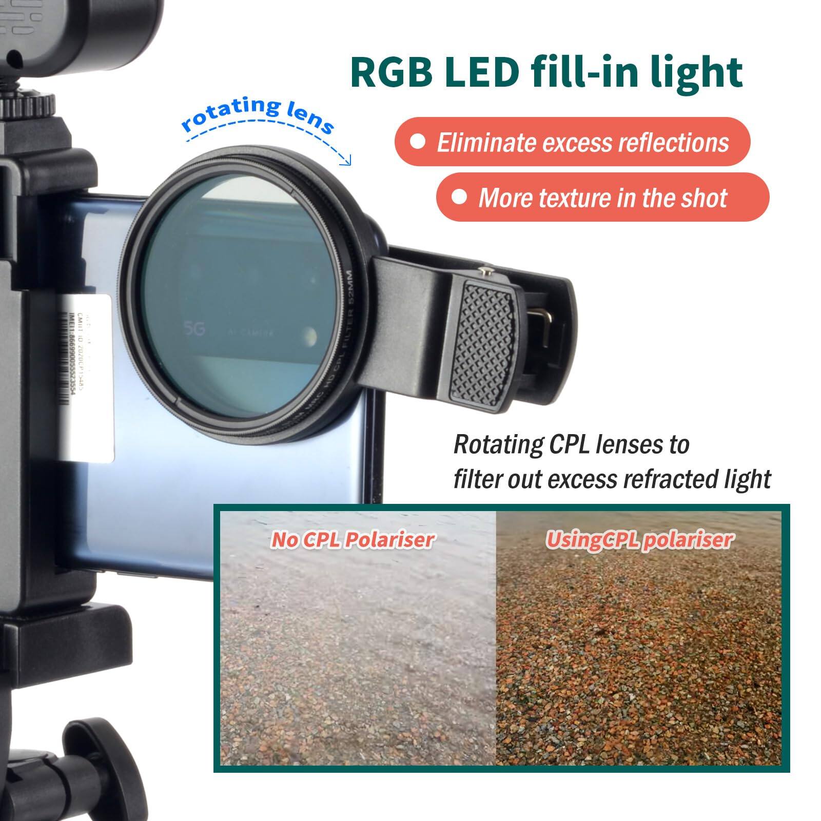 RGB LED fill-in light  
- Eliminate excess reflections  
- More texture in the shot  

Rotating CPL lenses to filter out excess refracted light  

No CPL Polariser  
Using CPL polariser