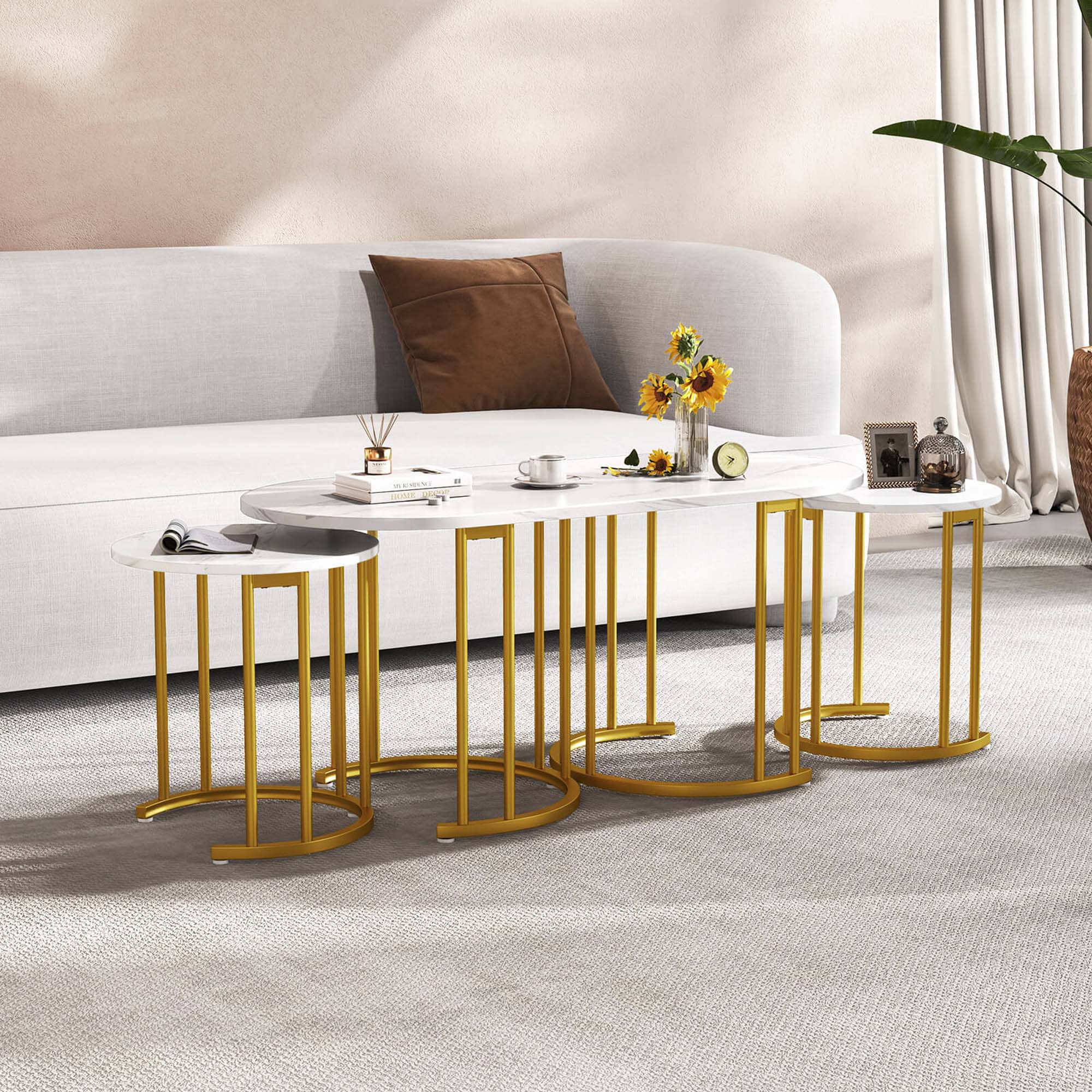 Angle. Costway - Nesting Coffee Table Set of 3 with Faux Marble Tabletop & Powder-coated Office - White.