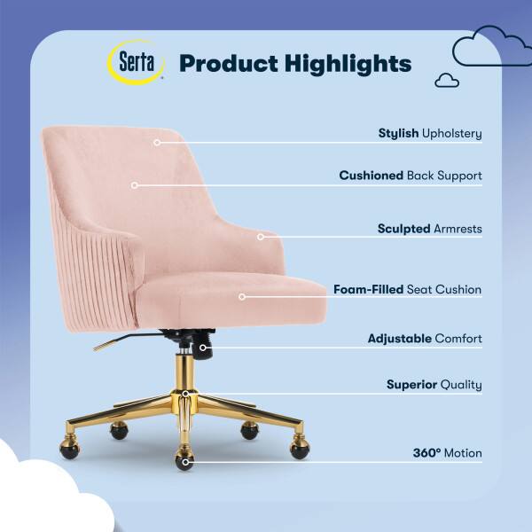 Serta Product Highlights: Stylish Upholstery, Cushioned Back Support, Sculpted Armrests, Foam-Filled Seat Cushion, Adjustable Comfort, Superior Quality, 360° Motion