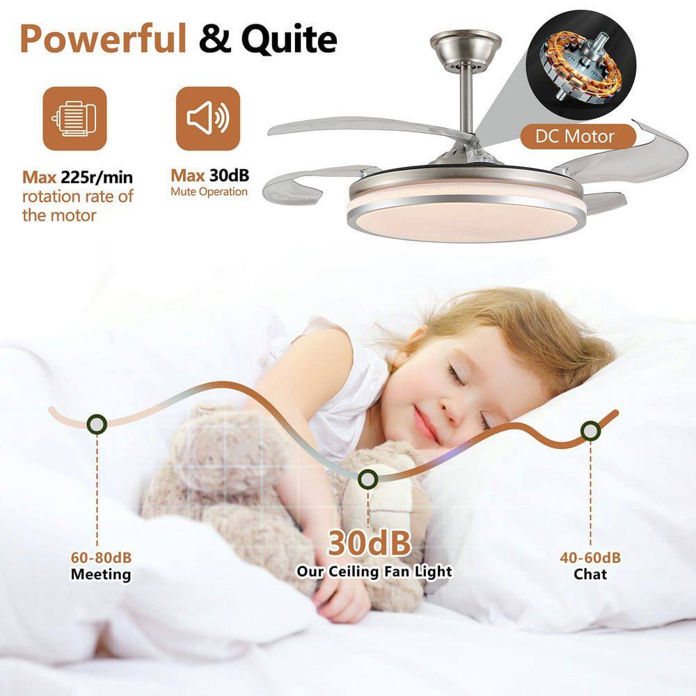 Powerful & Quite

DC Motor

Max 225r/min rotation rate of the motor

Max 30dB Mute Operation

30dB Our Ceiling Fan Light

60-80dB Meeting

40-60dB Chat