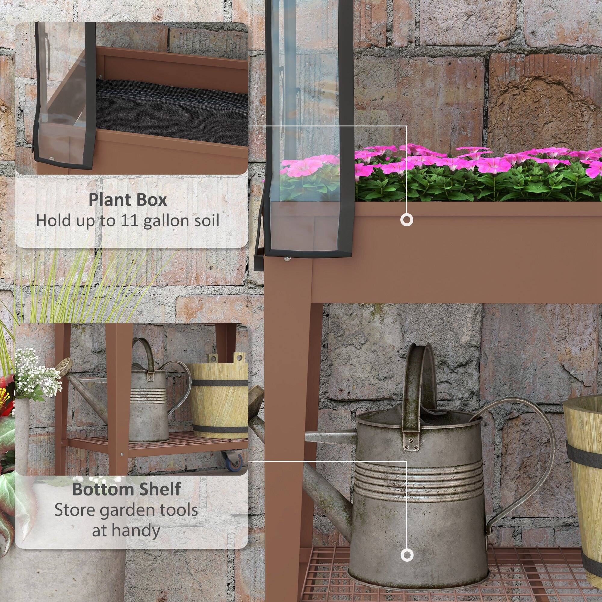 Plant Box  
Hold up to 11 gallon soil  

Bottom Shelf  
Store garden tools at handy