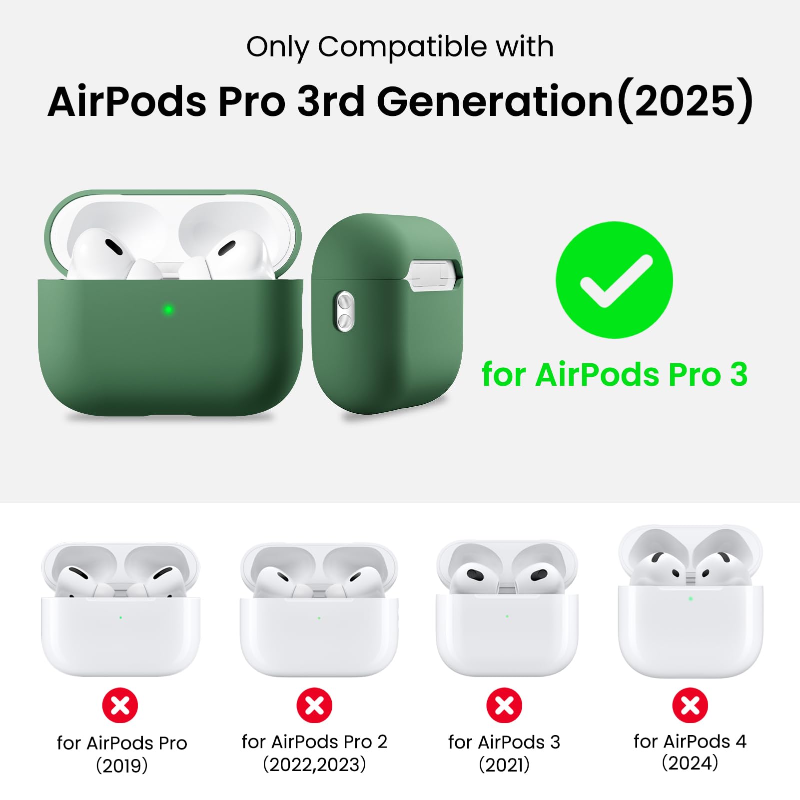 Only Compatible with  
AirPods Pro 3rd Generation (2025)  
for AirPods Pro 3  
for AirPods Pro (2019)  
for AirPods Pro 2 (2022, 2023)  
for AirPods 3 (2021)  
for AirPods 4 (2024)