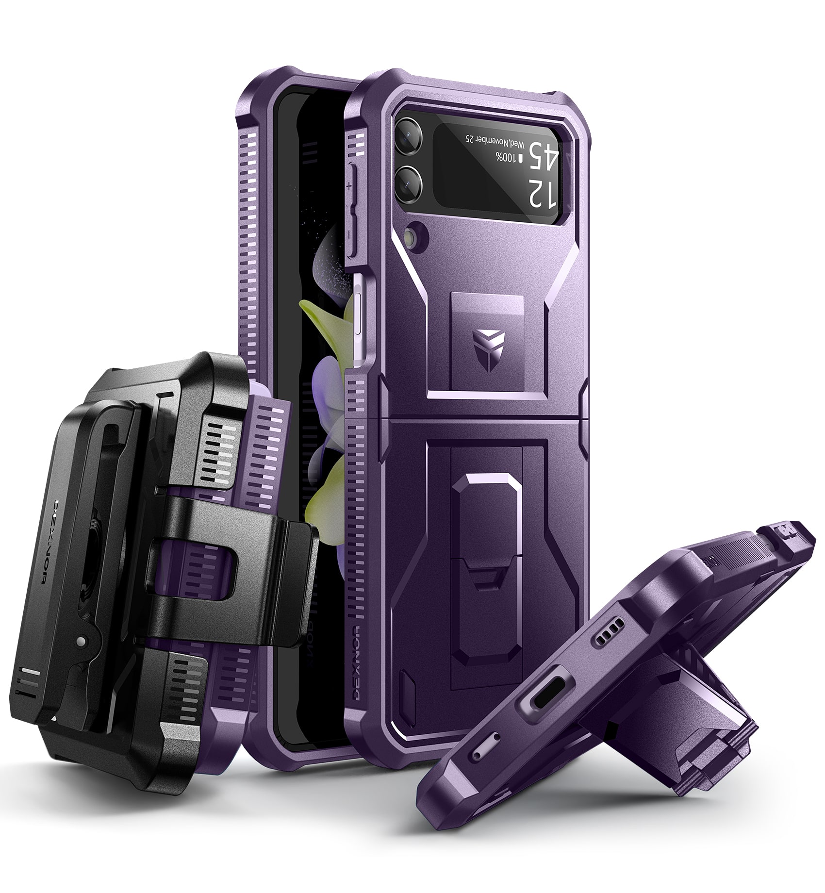 Dexnor - Shockproof Case for Samsung Galaxy Z Flip 4 5G Rugged Bumper Protective Case with Foldable Kickstand Holster Cover - Phantom Purple