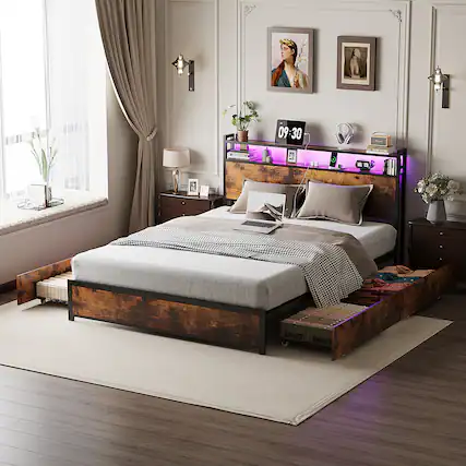 Front. Winado - Bed Frame King Size with 4 Storage Drawers and Storage Headboard Metal Platform with Charging Station and LED Lights - Vintage Brown.