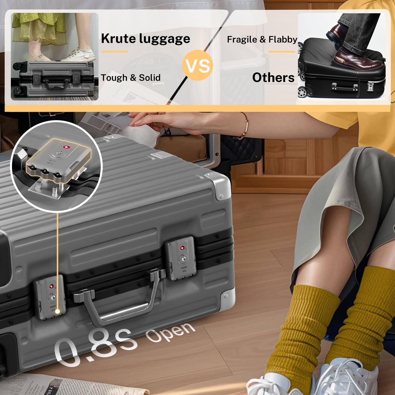Krute luggage  
Tough & Solid  

VS  

Fragile & Flabby  
Others  

0.8s Open