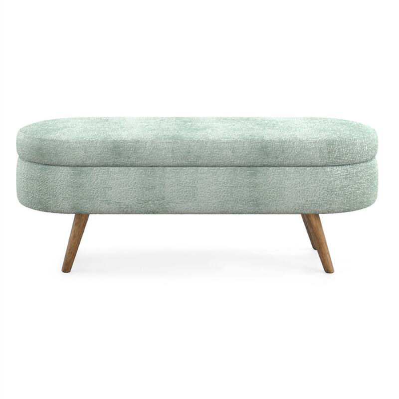 Back. HTUTWOO - 43.5" Ottoman Storage Bench - Oval Upholstered Linen Fabric Footrest Bench with Wood Legs, End of Bed for Living Room - Cyan.