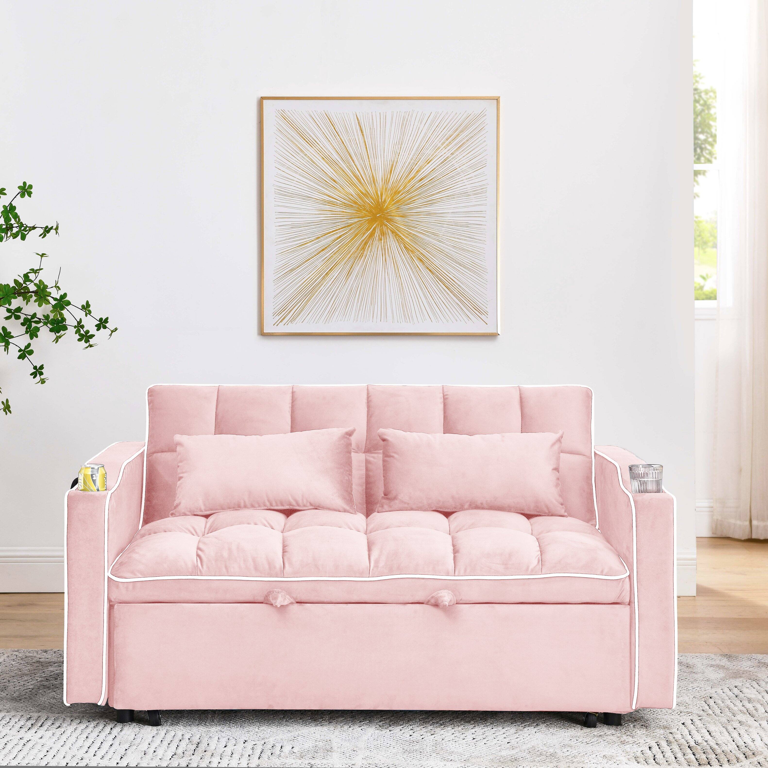 Angle. GOODSILO - Versatile 55-Inch Foldable Sofa Bed with Adjustable Backrest and Modern Convenience Features for Living Spaces - Baby Pink.