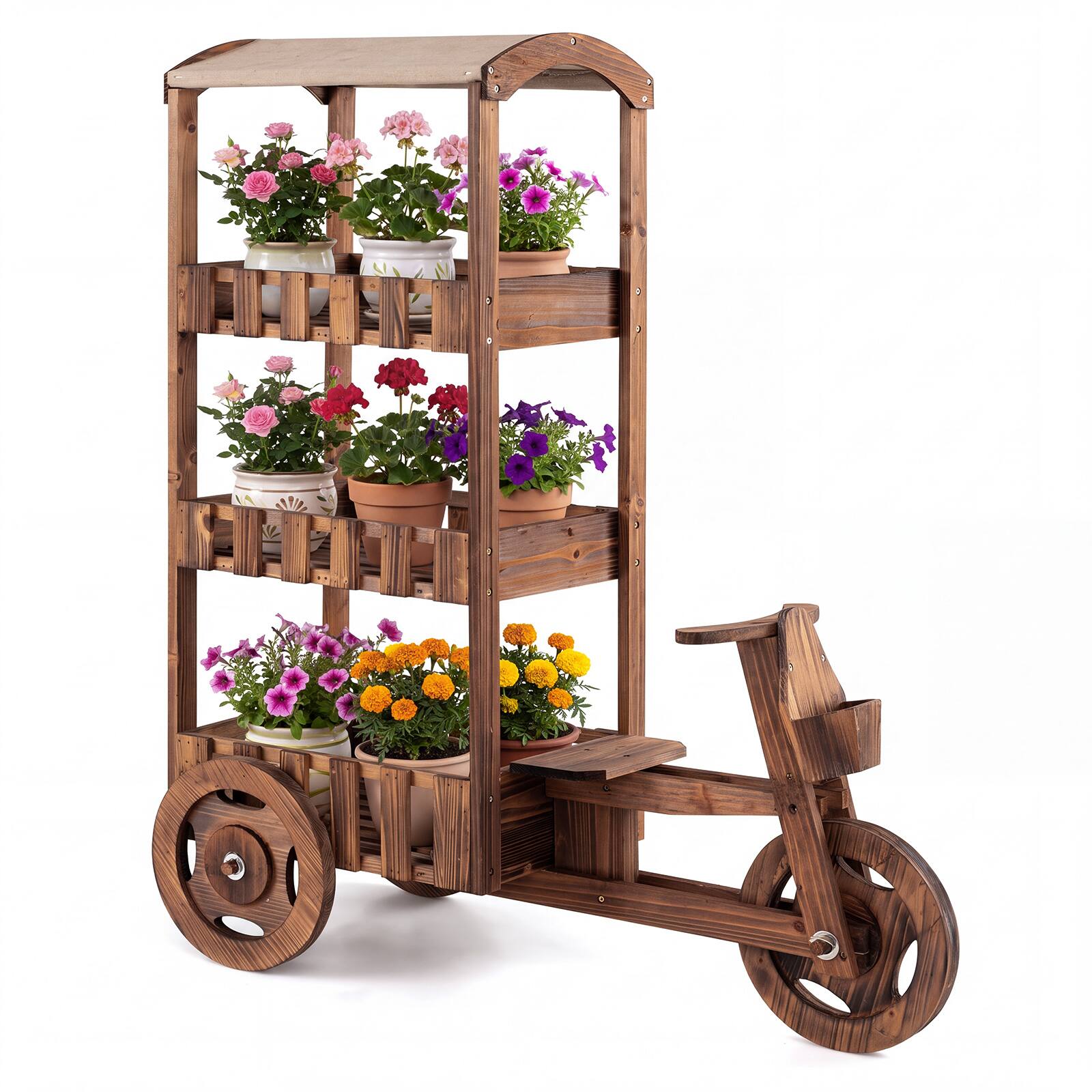 Front. Costway - Costway 3-Tier Fir Wood Wagon Planter with Fabric Canopy & 3 Wheels for Garden, Patio - Brown.