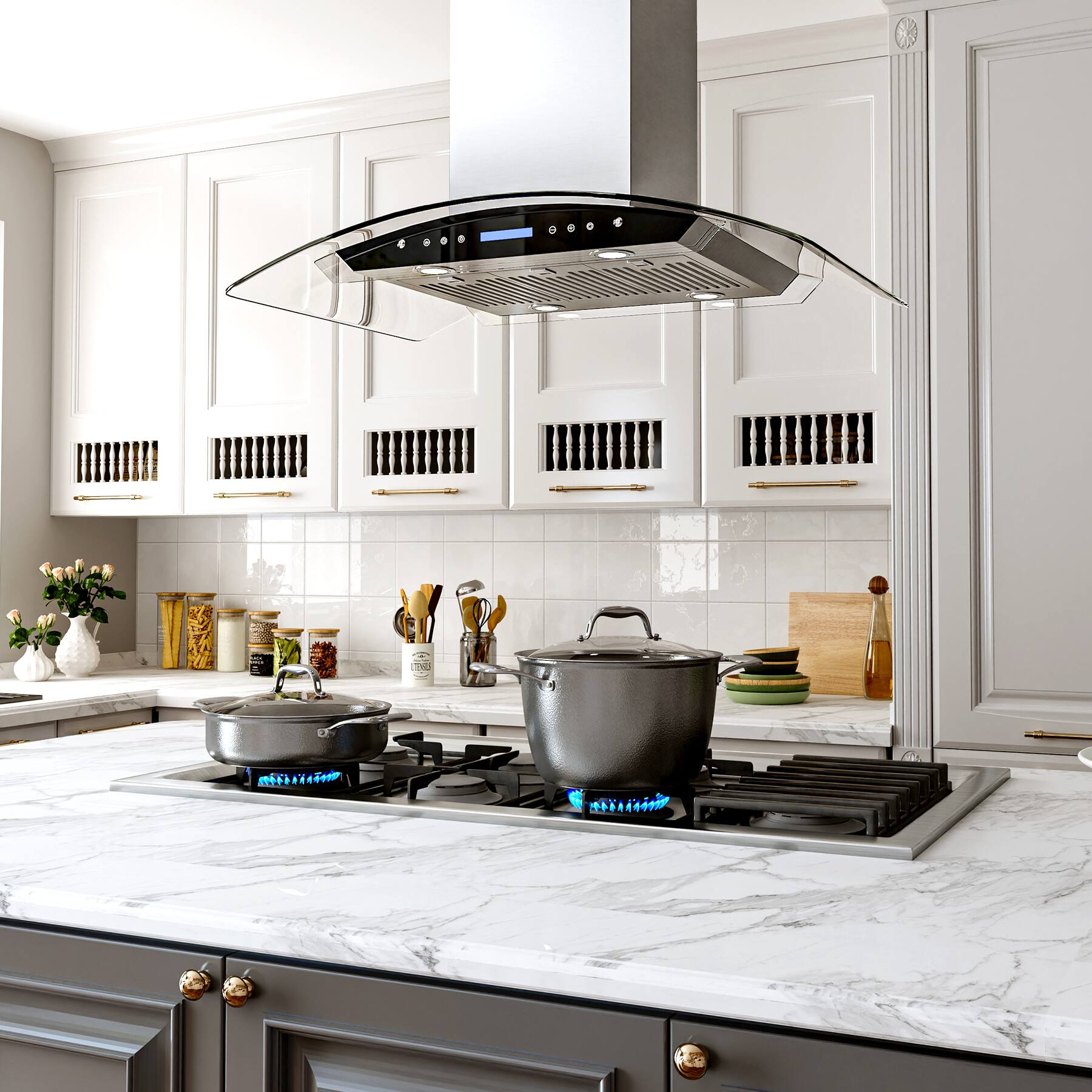 Alt View 2. Onefly - 36 Inches - Ducted - Island Mount Range Hood - Stainless Steel.