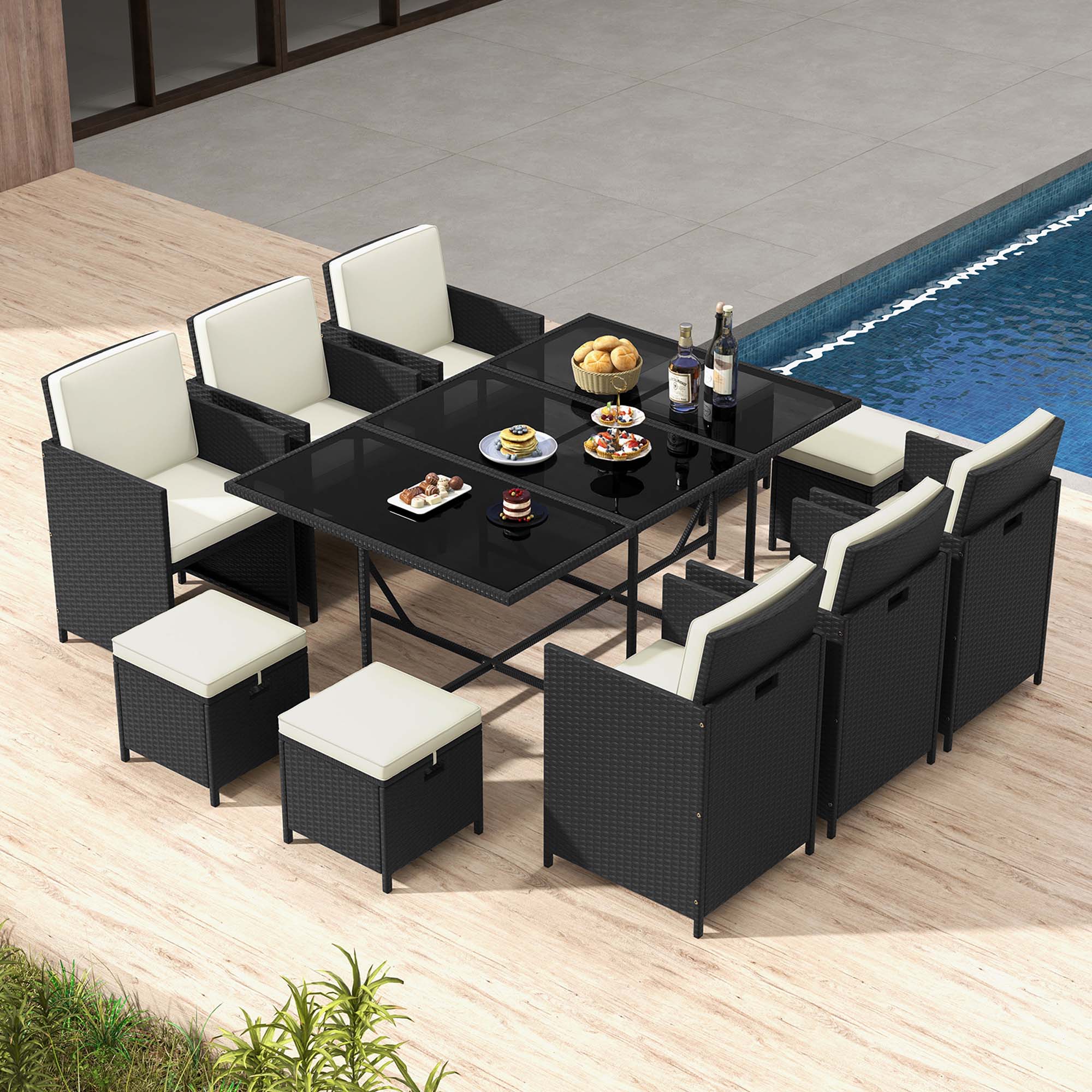 Alt View 3. Costway - 11 Pieces Patio Dining Set Space-saving Wicker Chairs & Tempered Glass Table - Black + White.