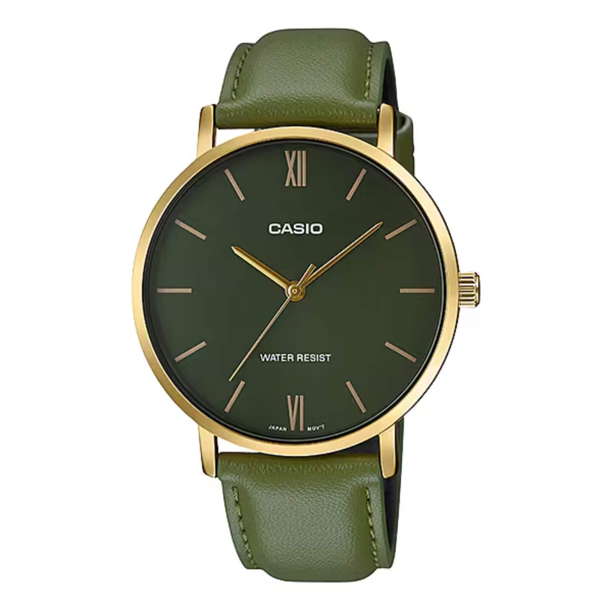 Casio - Men’s Leather Analog Watch with Dial - MTP-VT01GL-3BUDF - Green