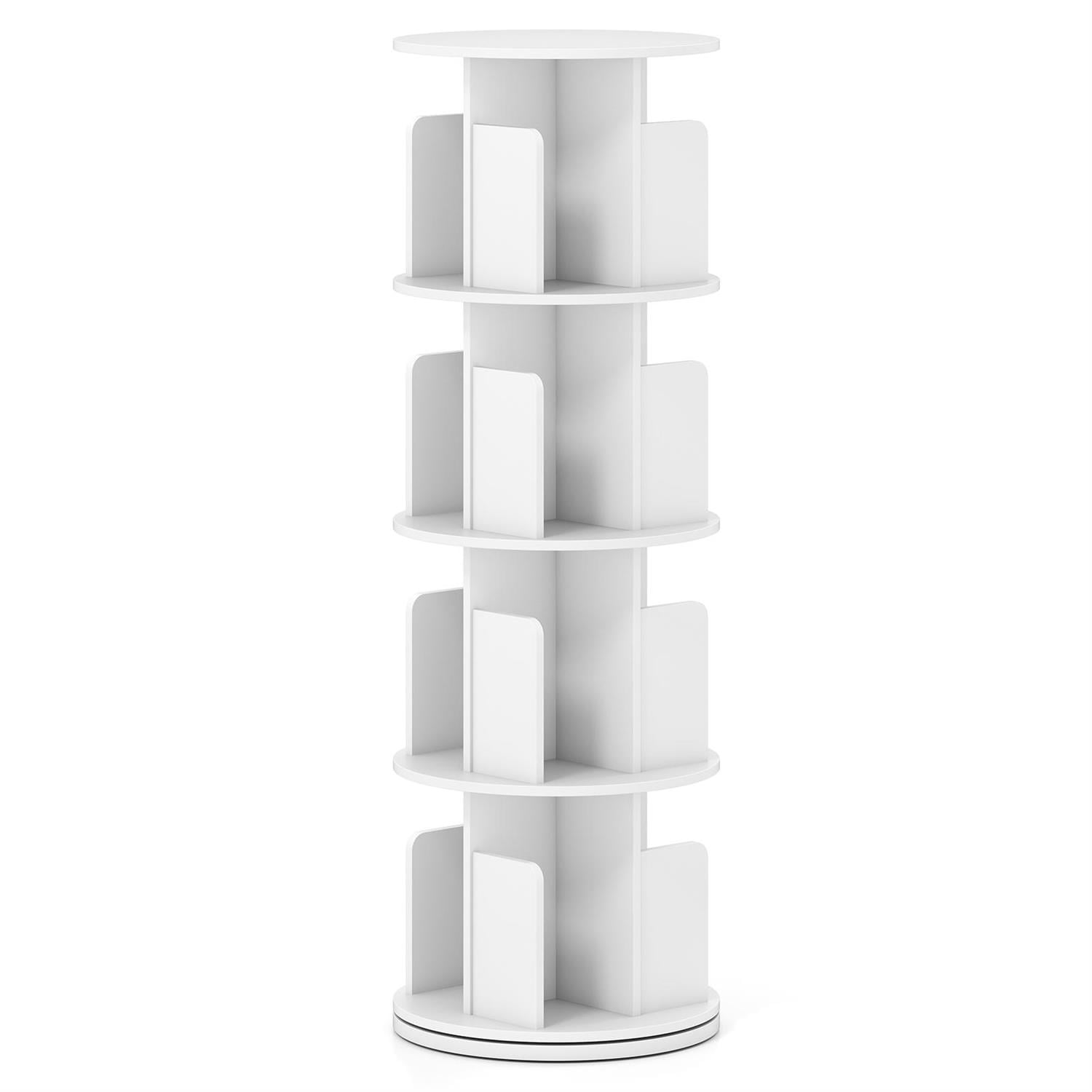 Back. Pefilos - 4-Tier Rotating Bookshelf - 360° Display Anti-Fall, Dividers Customizable Tiers, White - White.