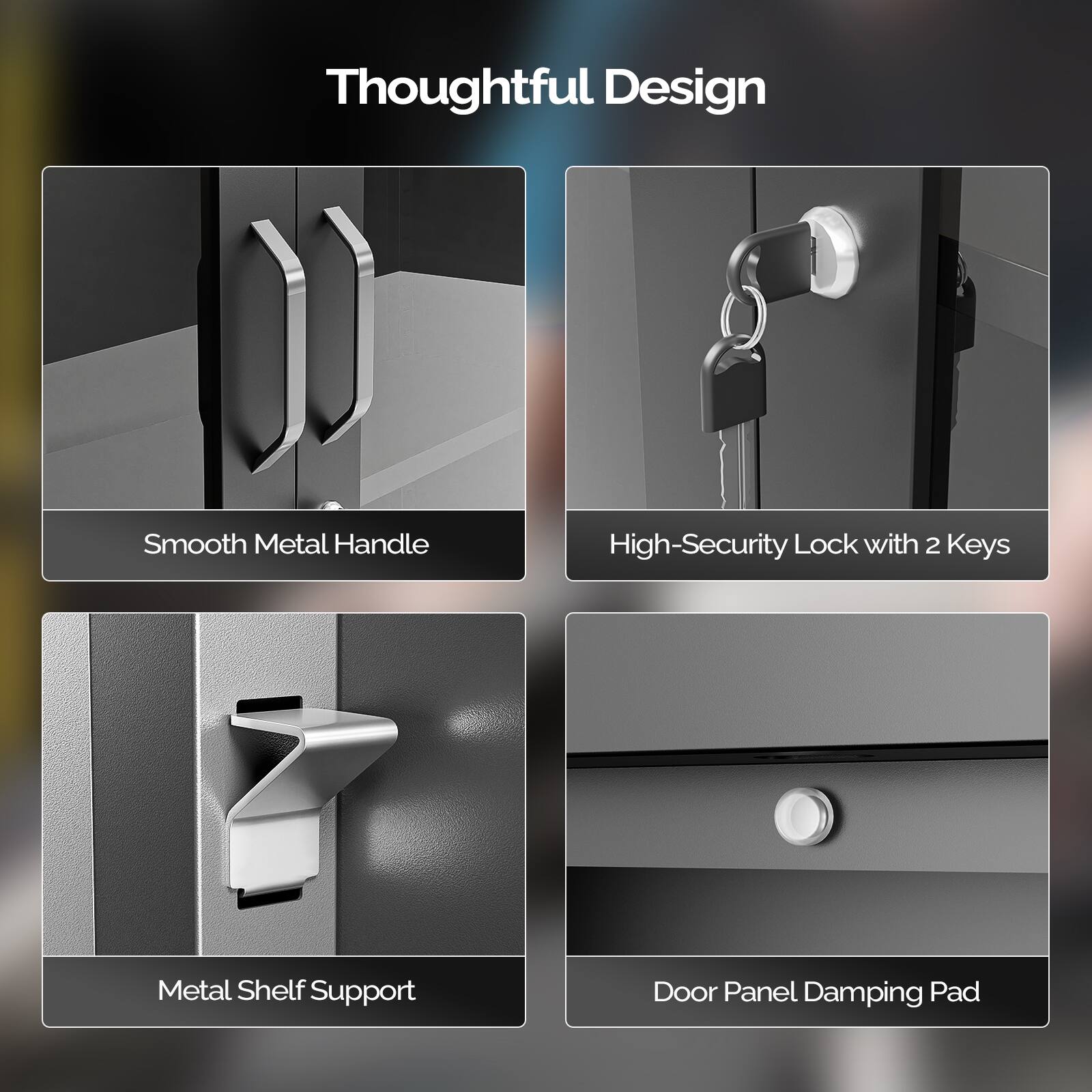 Thoughtful Design

- Smooth Metal Handle
- High-Security Lock with 2 Keys
- Metal Shelf Support
- Door Panel Damping Pad