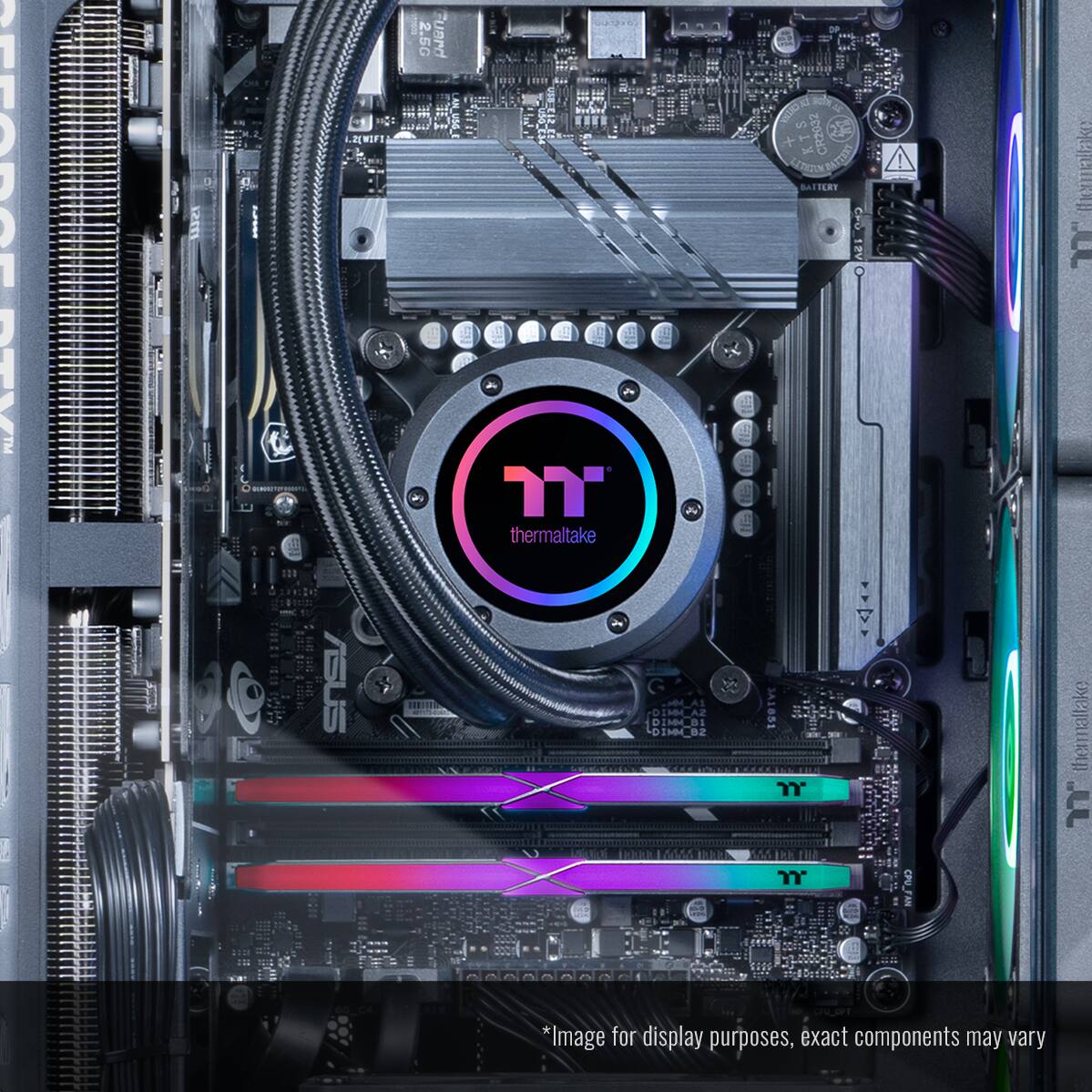 The image features a computer with a Thermaltake logo on the side of the case. The computer is equipped with a CPU cooler, a motherboard, and a power supply. The case is open, revealing the internal components of the computer. The image is for display purposes, and the actual components may vary.