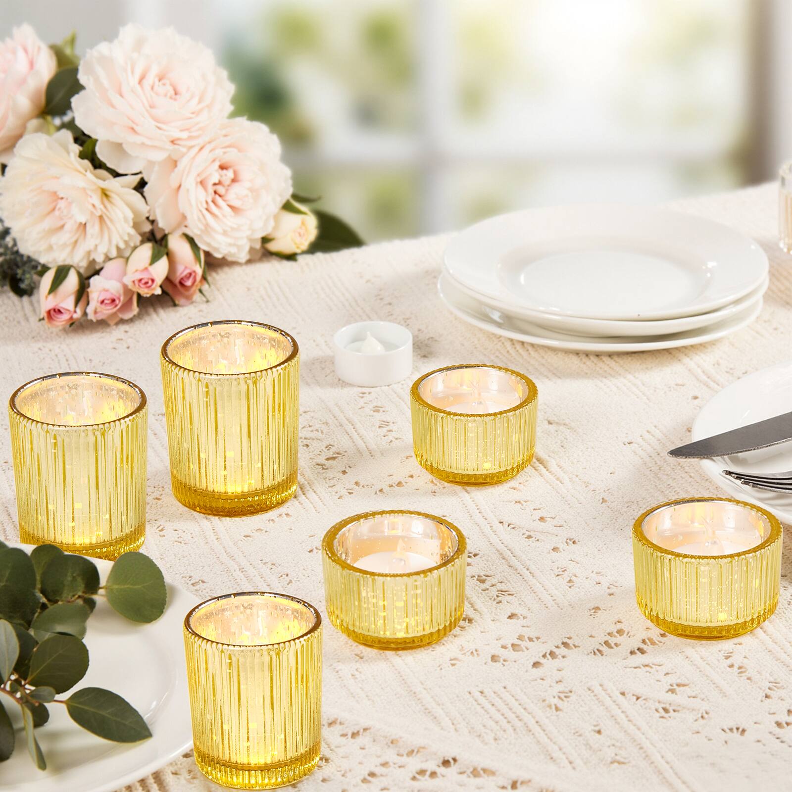Alt View 4. IMAGE - Elegant Votive Gold Glass Tea Light Holders Set of 12 - Gold.