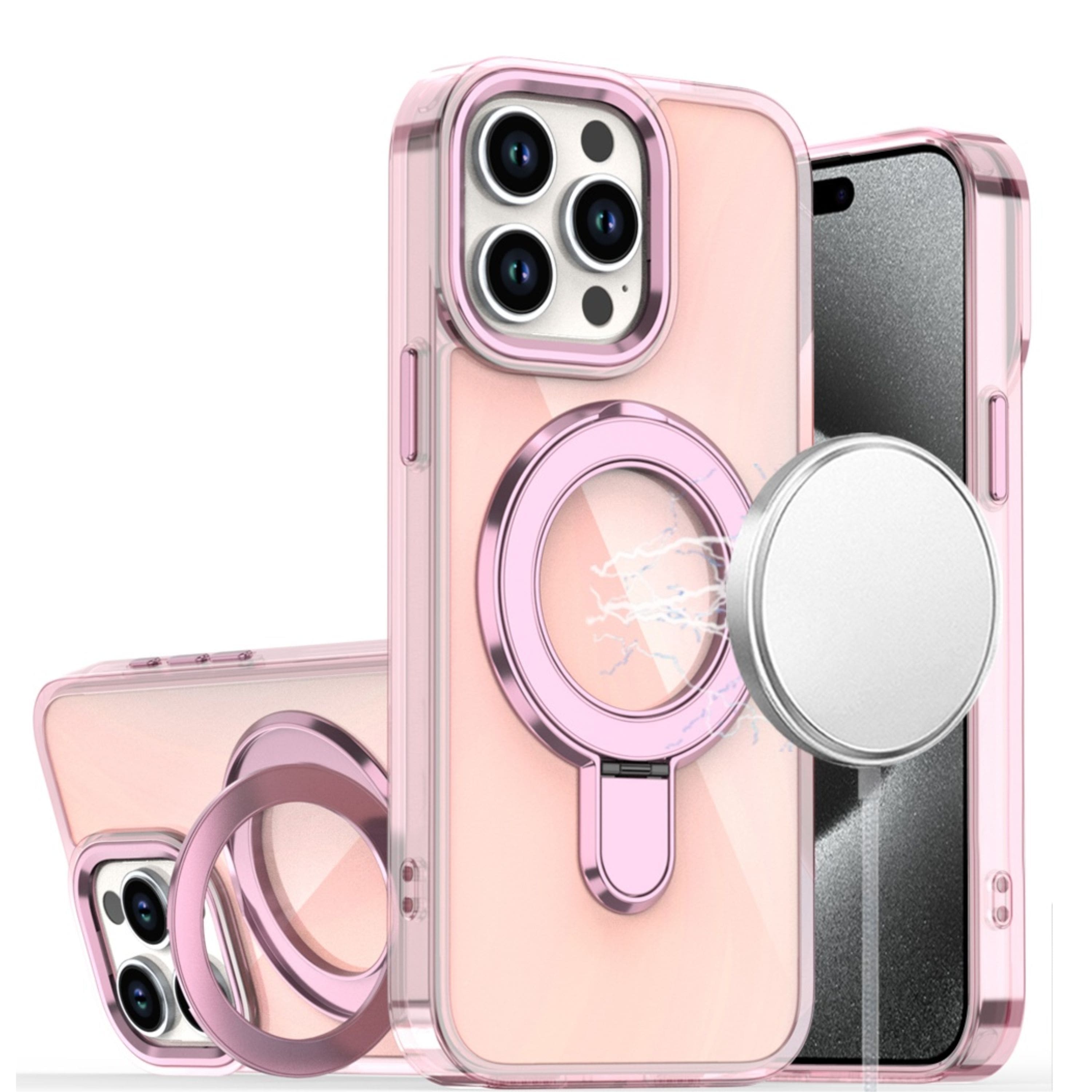 Kitcheniva - Radiant Chrome Magnet Circle Stand Phone Case With 2 Pcs Tempered Glass For iPhone 15 Pro Max - Light Pink price history on PriceWatchPro