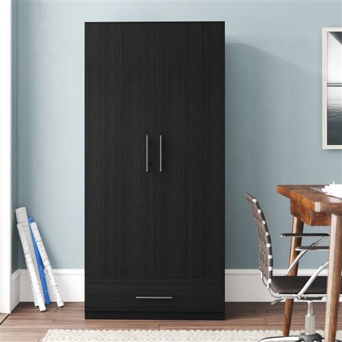 Back. SlickBlue - Modern Armoire Wardrobe Closet with Storage Drawer in Wood Finish - Black.