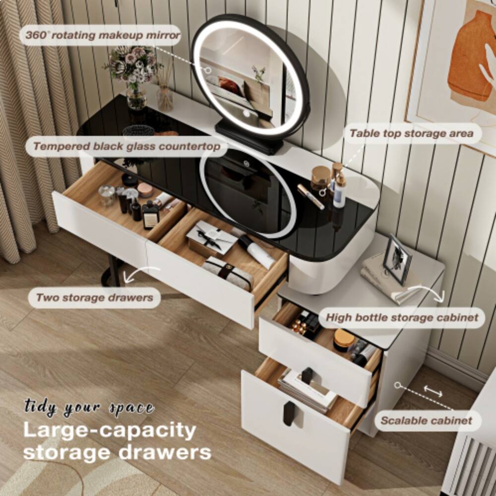 360° rotating makeup mirror  
Tempered black glass countertop  
Table top storage area  
Two storage drawers  
High bottle storage cabinet  
Large-capacity storage drawers  
Scalable cabinet