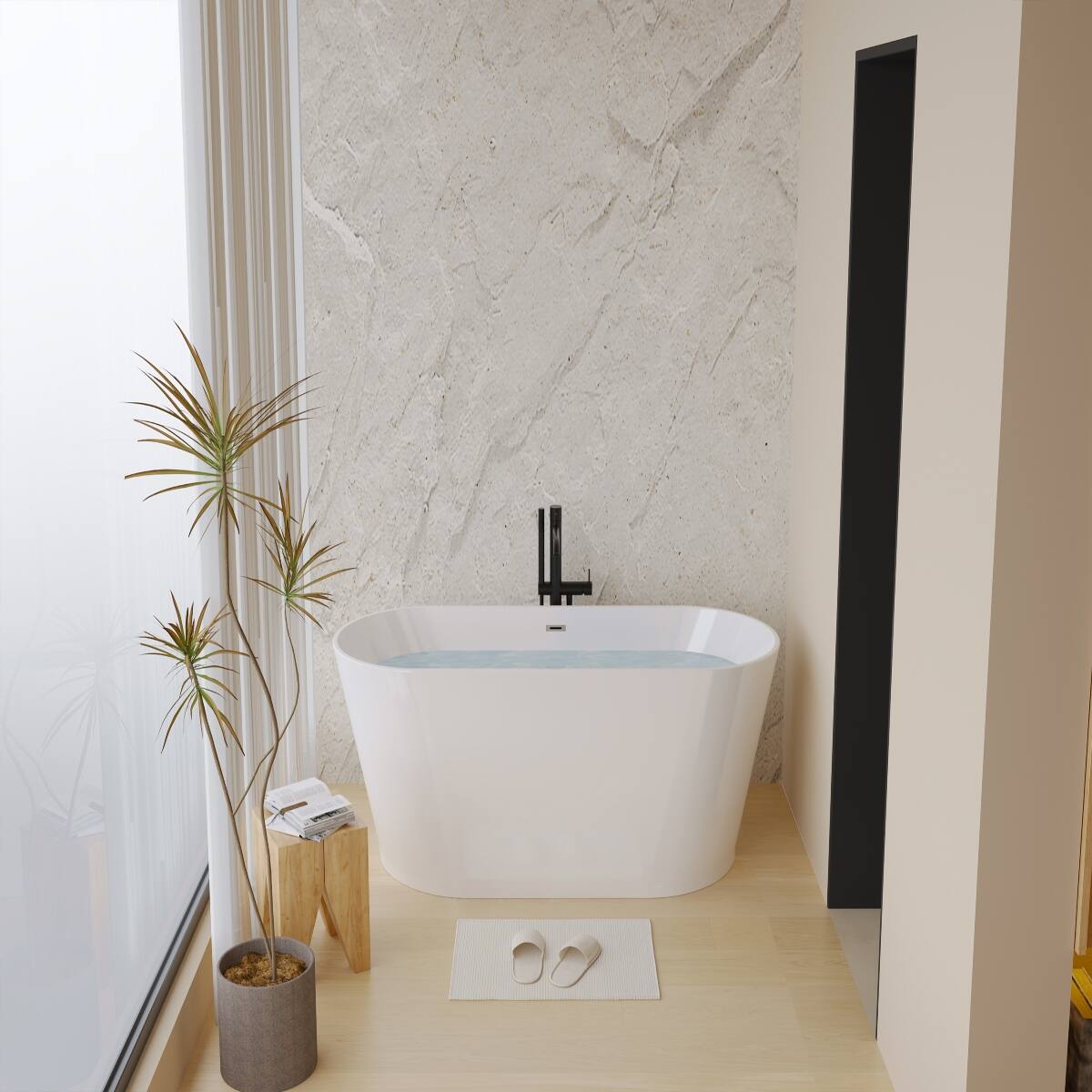 Alt View 6. Loheer - Loheer 59 Inch Freestanding Soaking Tub Oval Acrylic Bathtub Gloss White Center Drain - Gloss White.