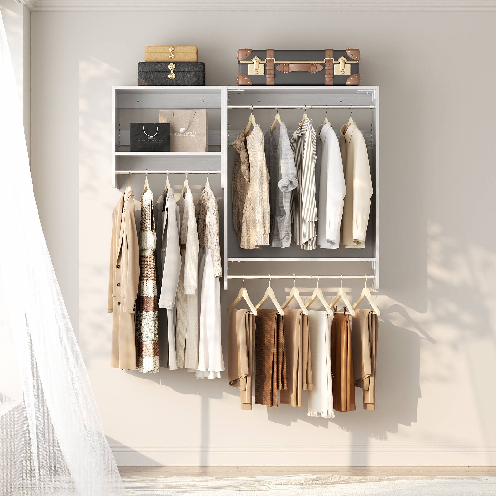 Left. Aheaplus - 36'' - 60'' Wall Mounted Closet Organizer, 5FT Wardrobe System with 3 Hanging Rods and 3 Shelves, Max Load 800 LBS - White.